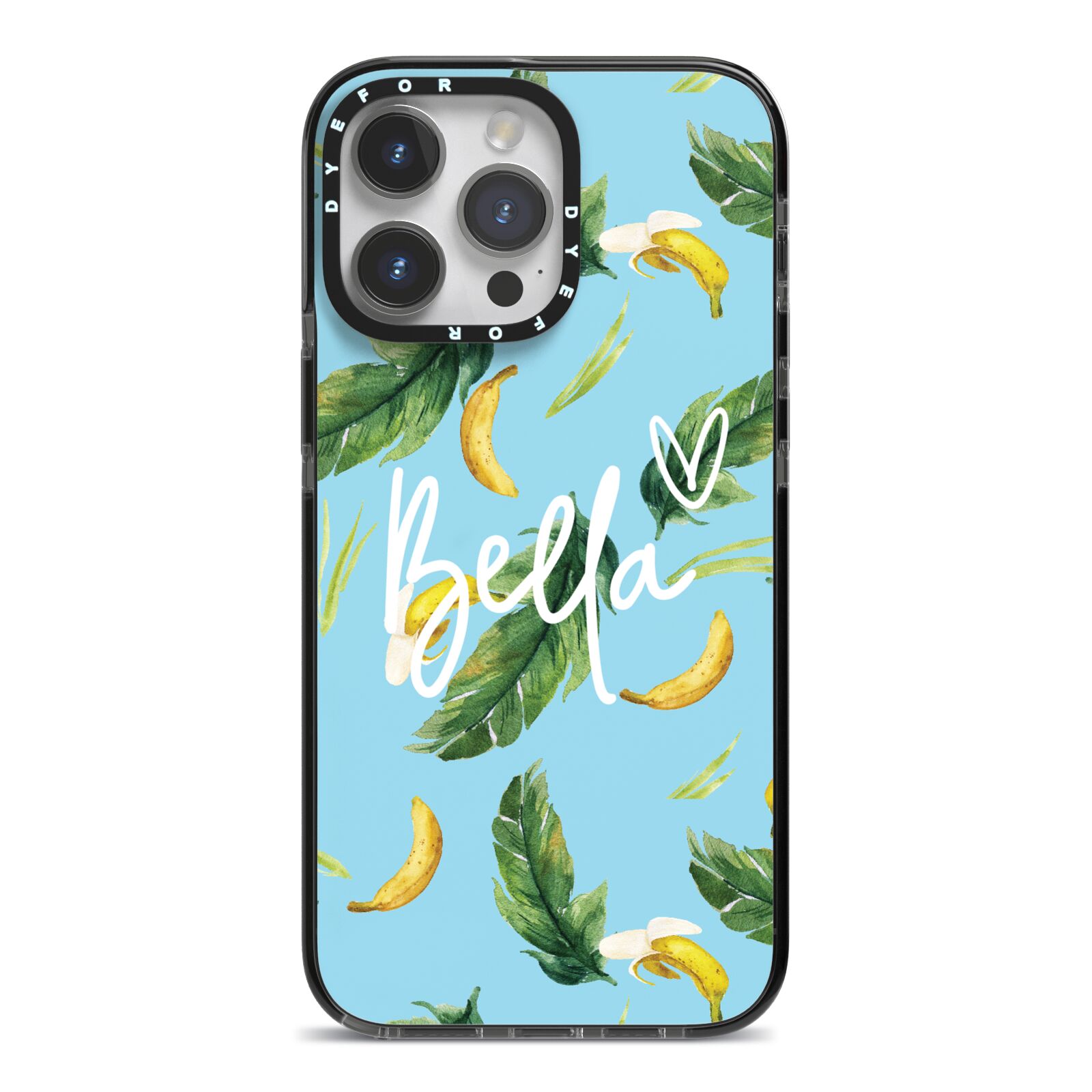 Personalised Blue Banana Tropical iPhone 14 Pro Max Black Impact Case on Silver phone
