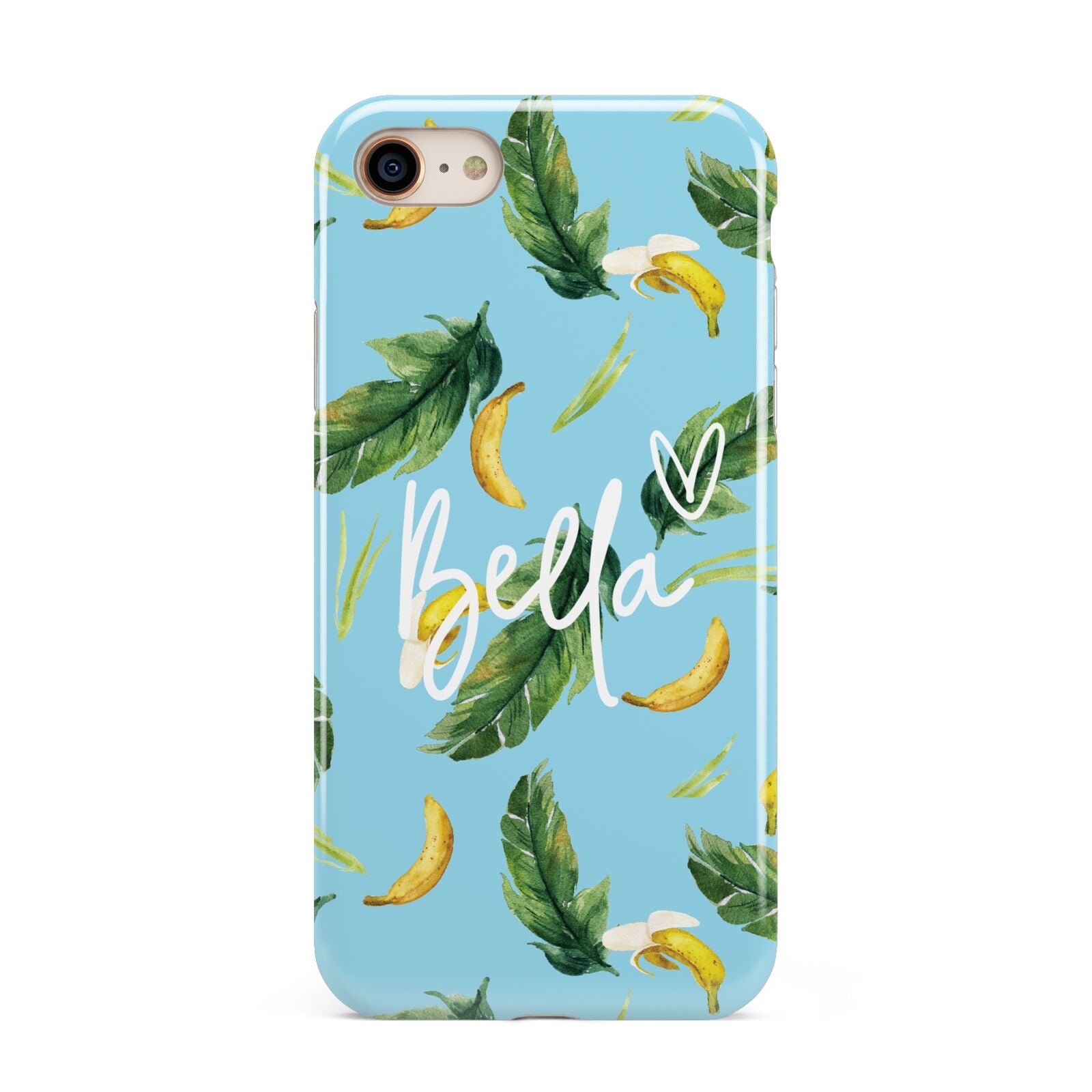 Personalised Blue Banana Tropical iPhone 8 3D Tough Case on Gold Phone