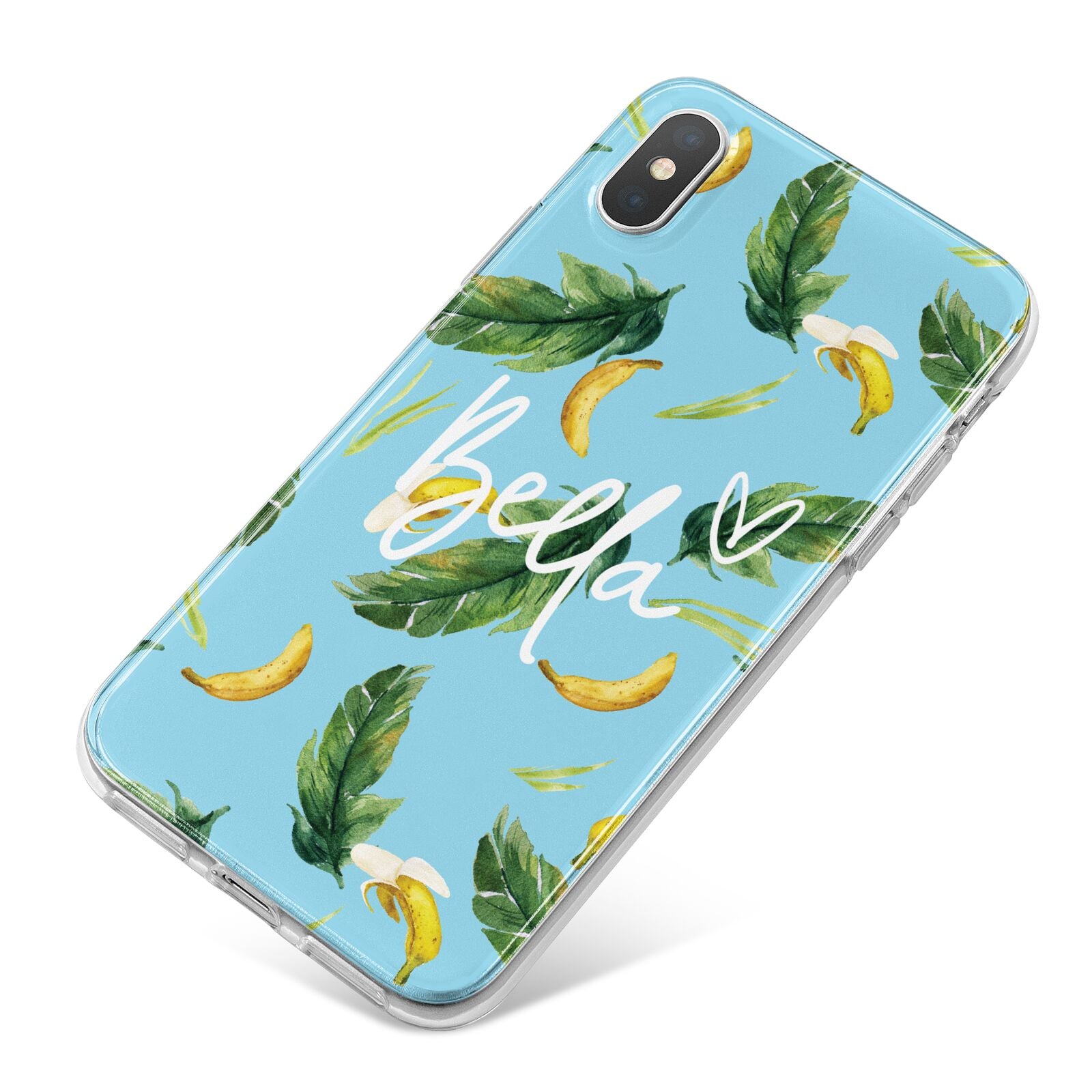 Personalised Blue Banana Tropical iPhone X Bumper Case on Silver iPhone