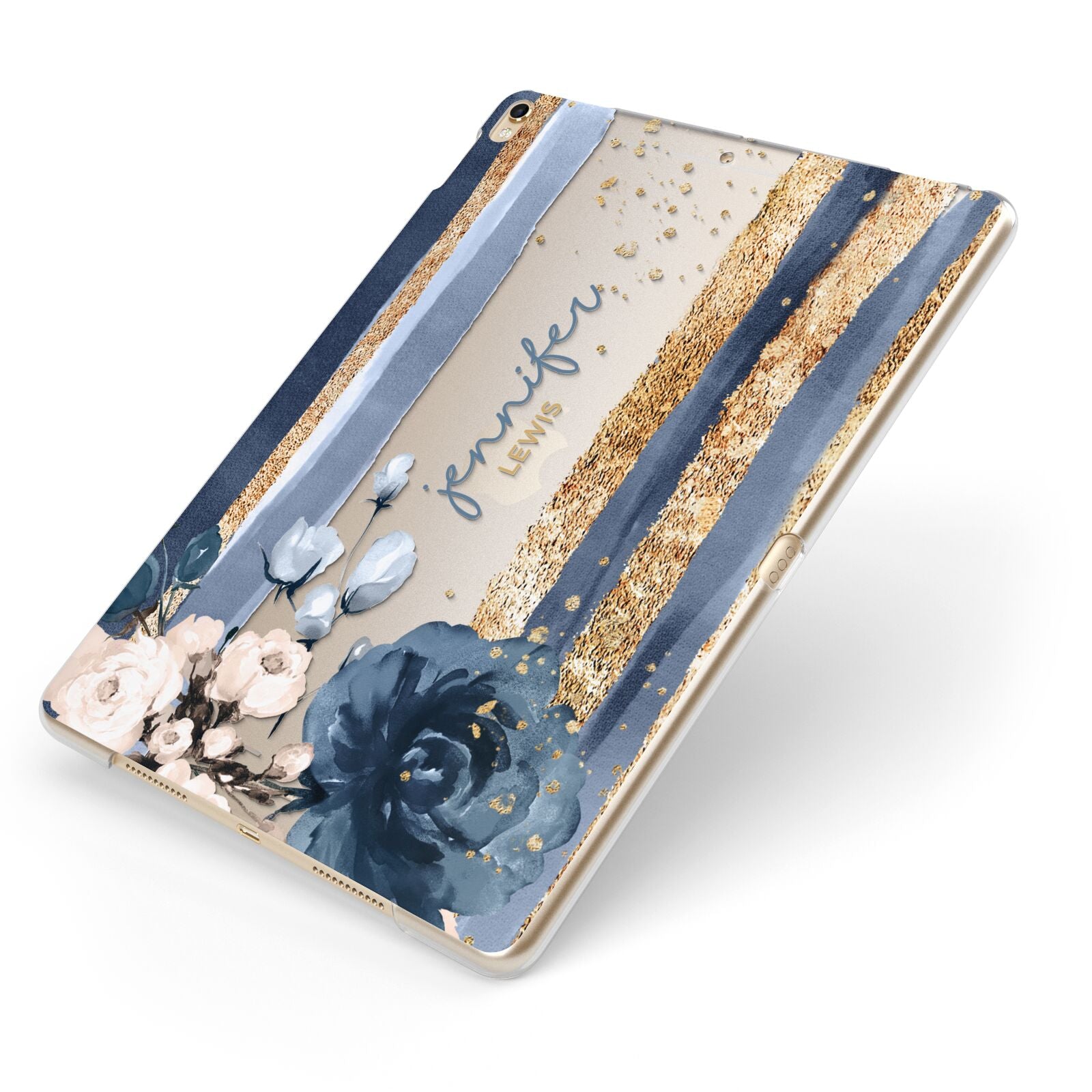 Personalised Blue Gold Name Apple iPad Case on Gold iPad Side View