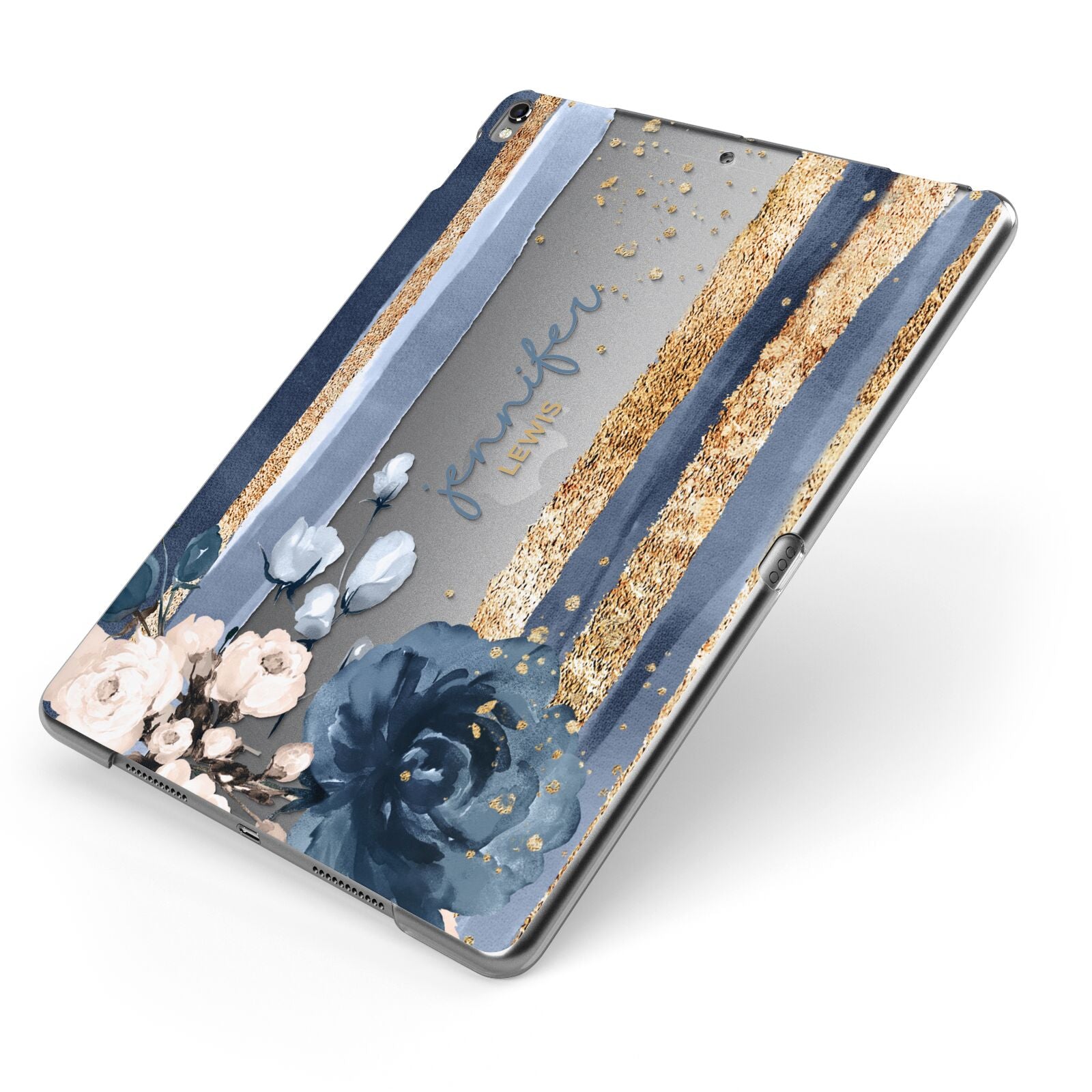 Personalised Blue Gold Name Apple iPad Case on Grey iPad Side View