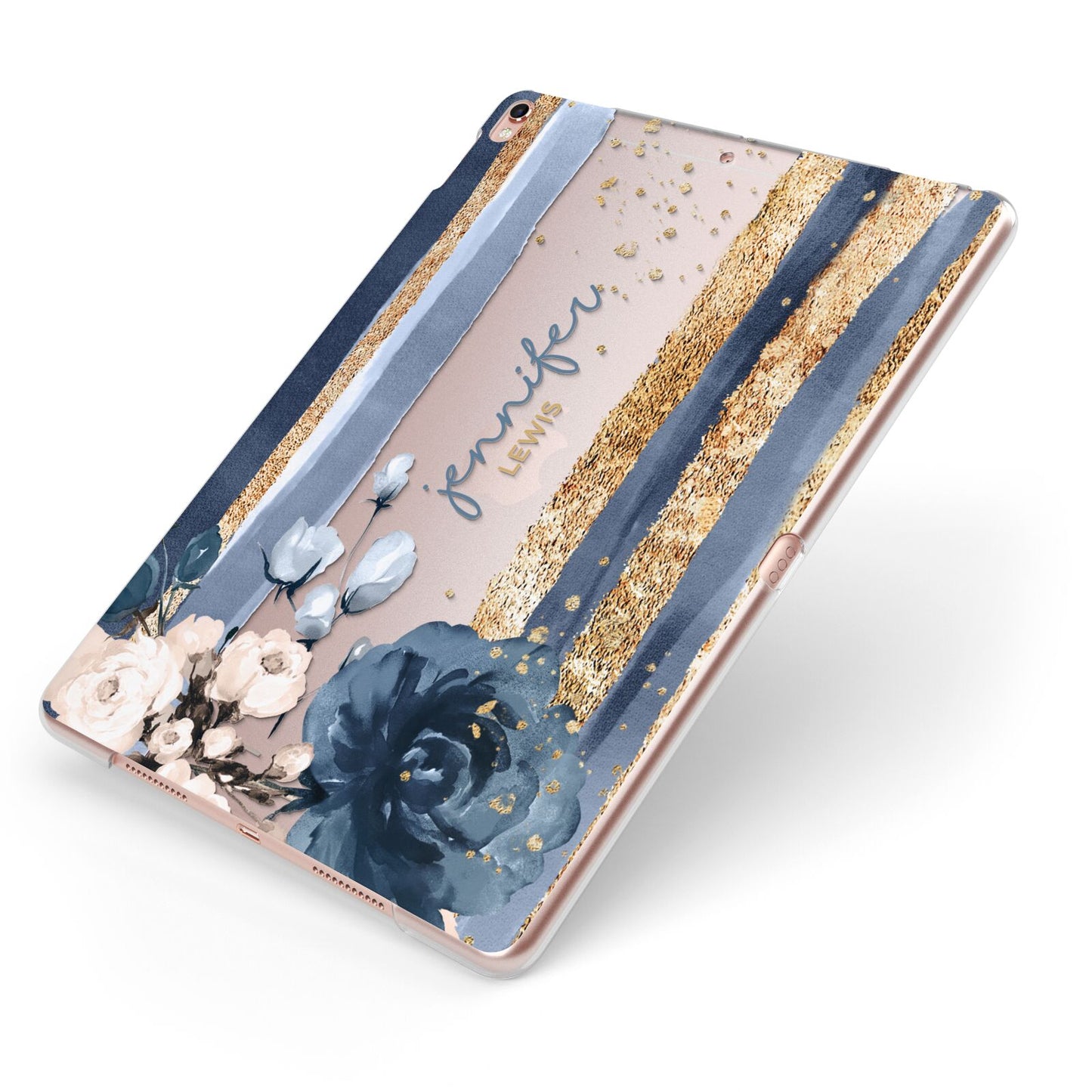Personalised Blue Gold Name Apple iPad Case on Rose Gold iPad Side View