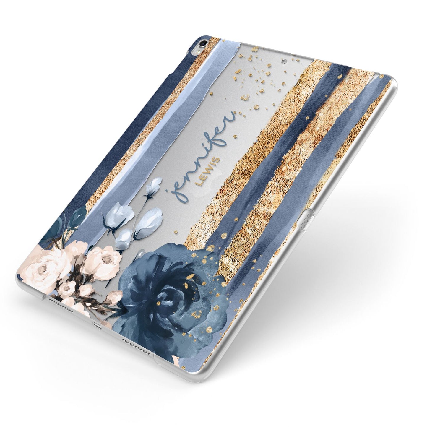 Personalised Blue Gold Name Apple iPad Case on Silver iPad Side View