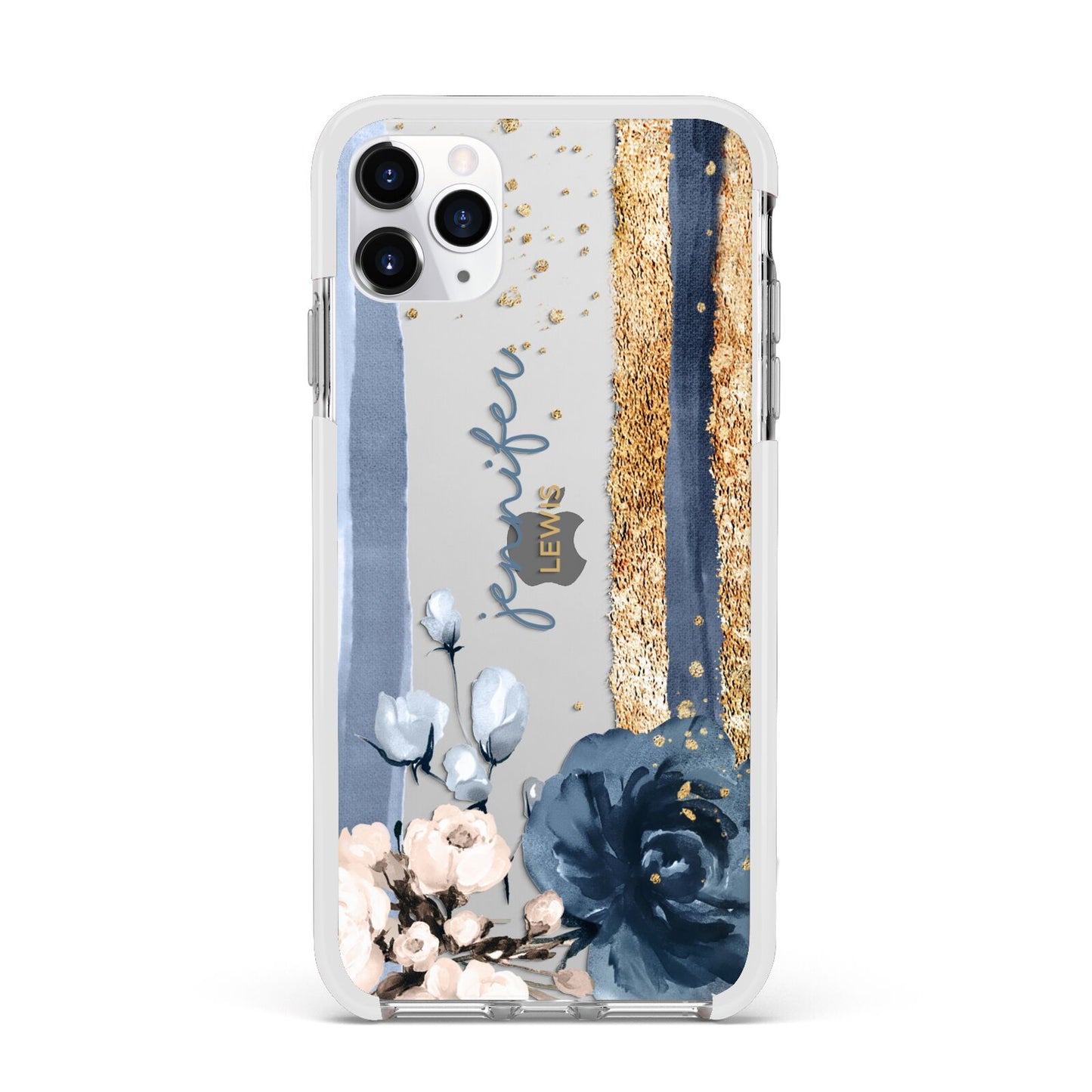 Personalised Blue Gold Name Apple iPhone 11 Pro Max in Silver with White Impact Case