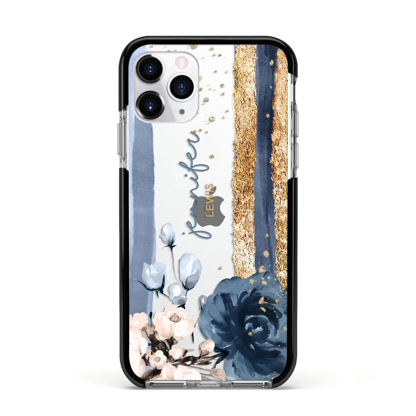 Personalised Blue Gold Name Apple iPhone 11 Pro in Silver with Black Impact Case