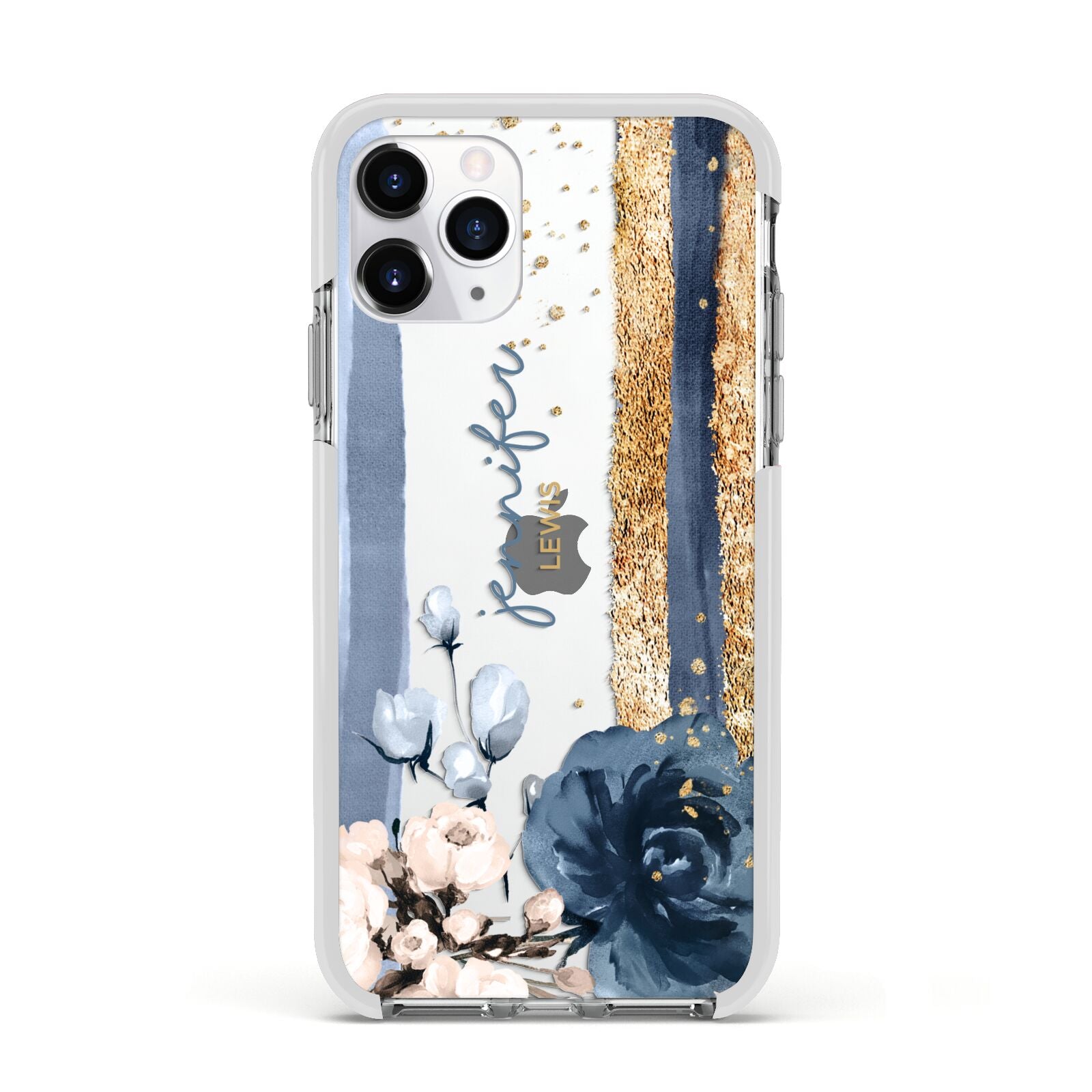 Personalised Blue Gold Name Apple iPhone 11 Pro in Silver with White Impact Case