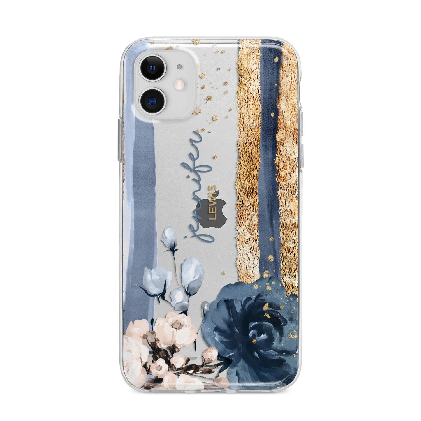 Personalised Blue Gold Name Apple iPhone 11 in White with Bumper Case