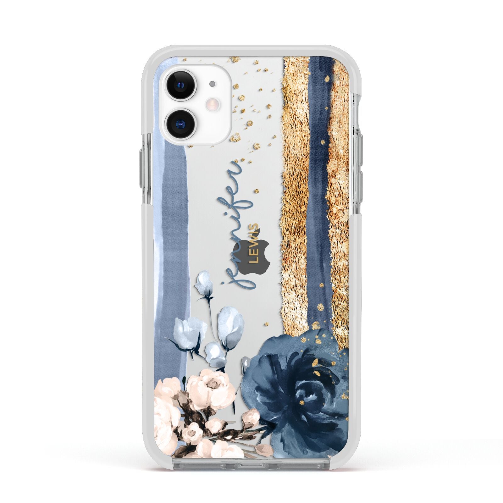 Personalised Blue Gold Name Apple iPhone 11 in White with White Impact Case