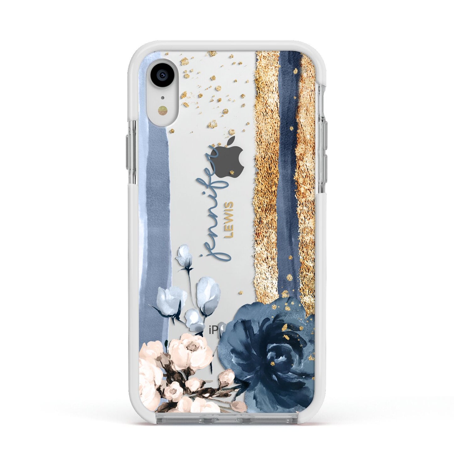 Personalised Blue Gold Name Apple iPhone XR Impact Case White Edge on Silver Phone