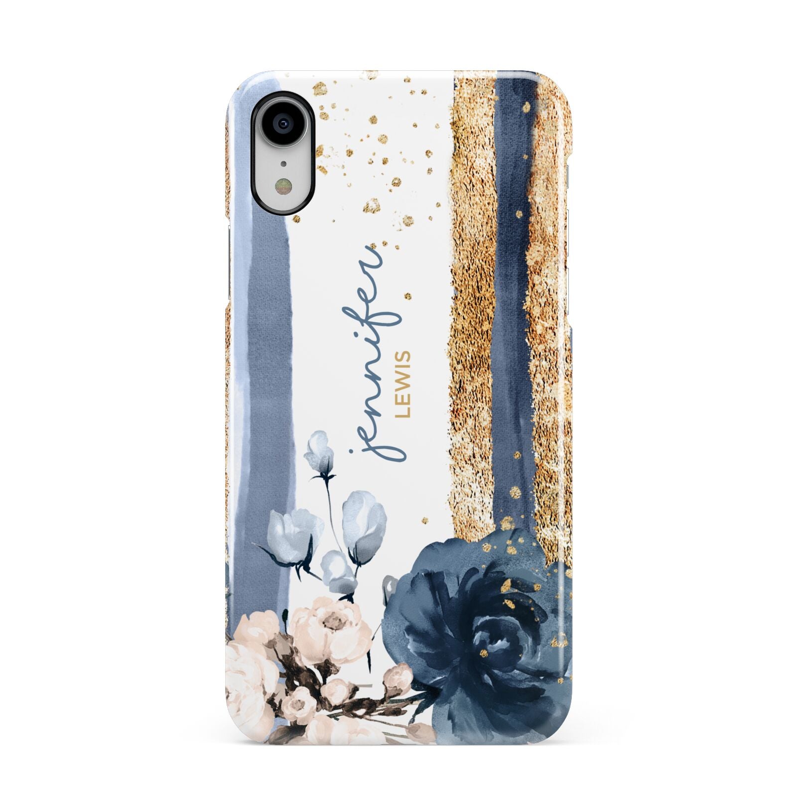Personalised Blue Gold Name Apple iPhone XR White 3D Snap Case