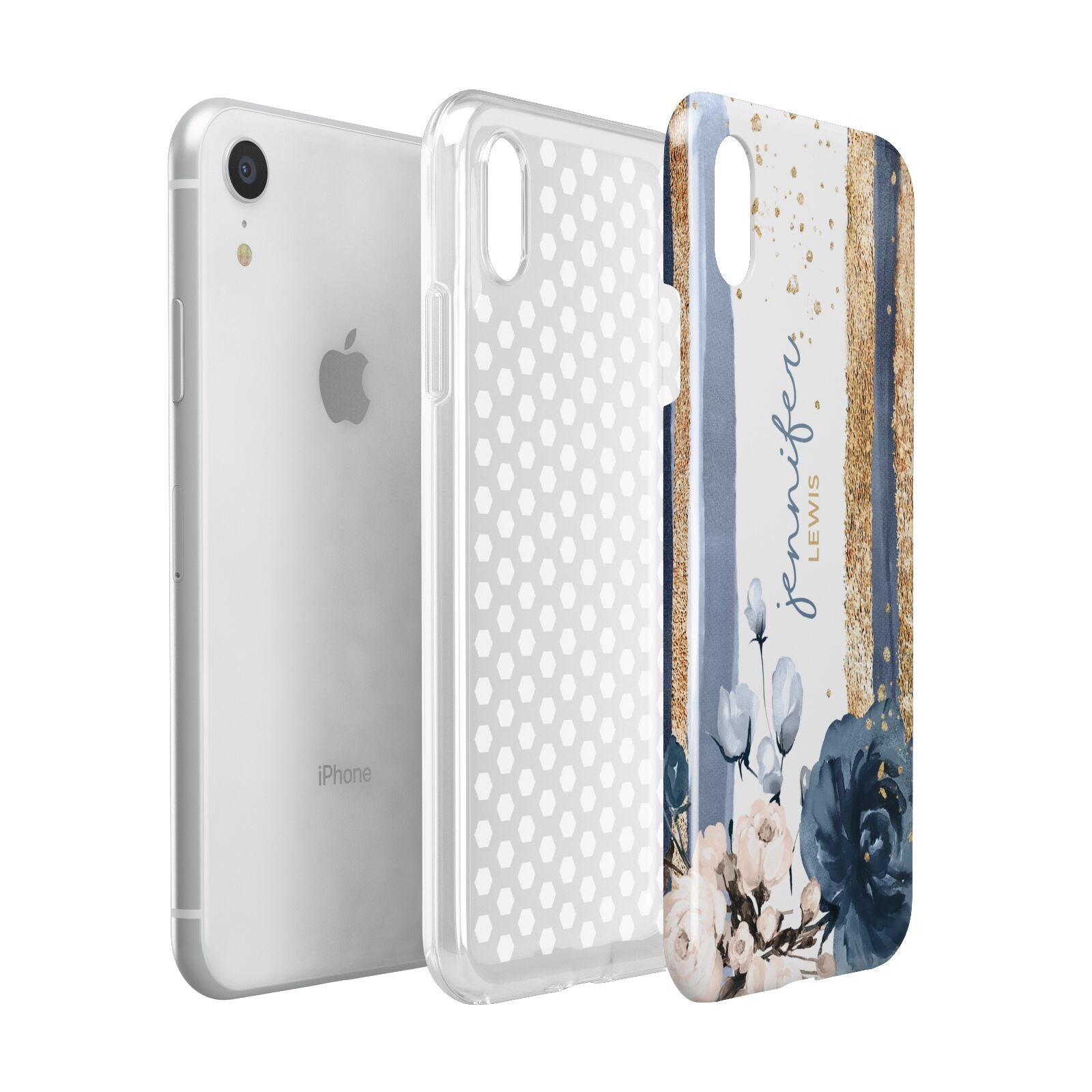 Personalised Blue Gold Name Apple iPhone XR White 3D Tough Case Expanded view