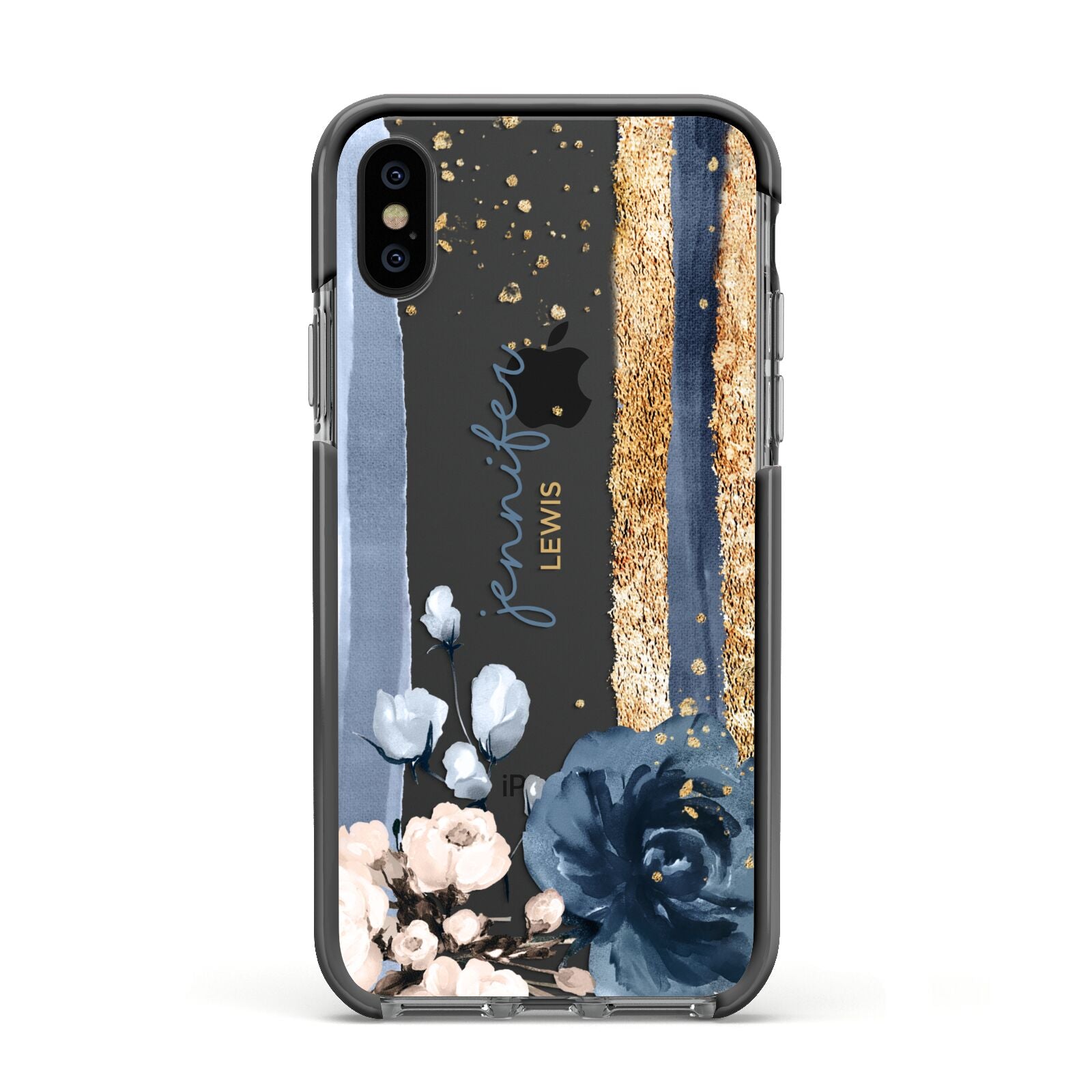 Personalised Blue Gold Name Apple iPhone Xs Impact Case Black Edge on Black Phone