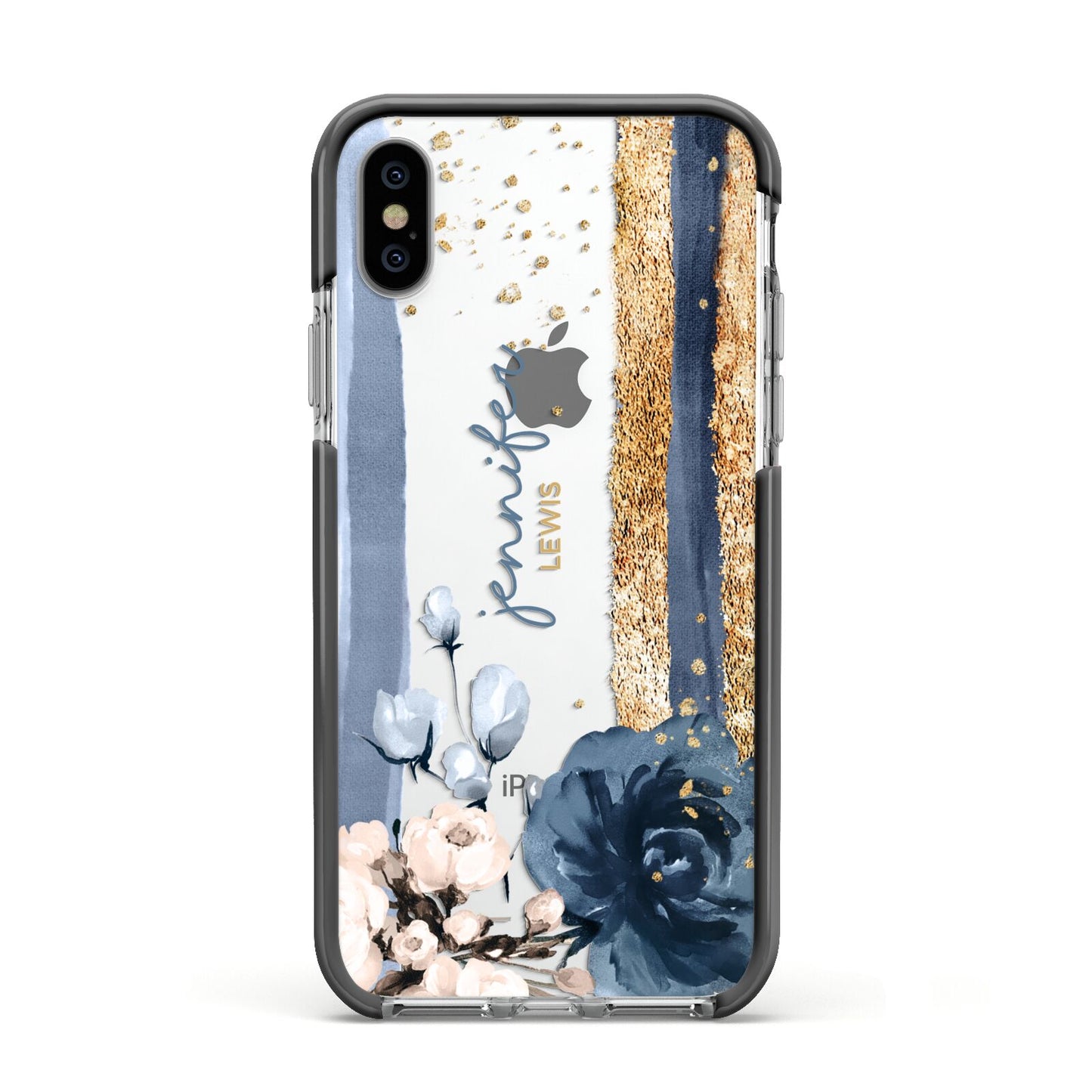 Personalised Blue Gold Name Apple iPhone Xs Impact Case Black Edge on Silver Phone