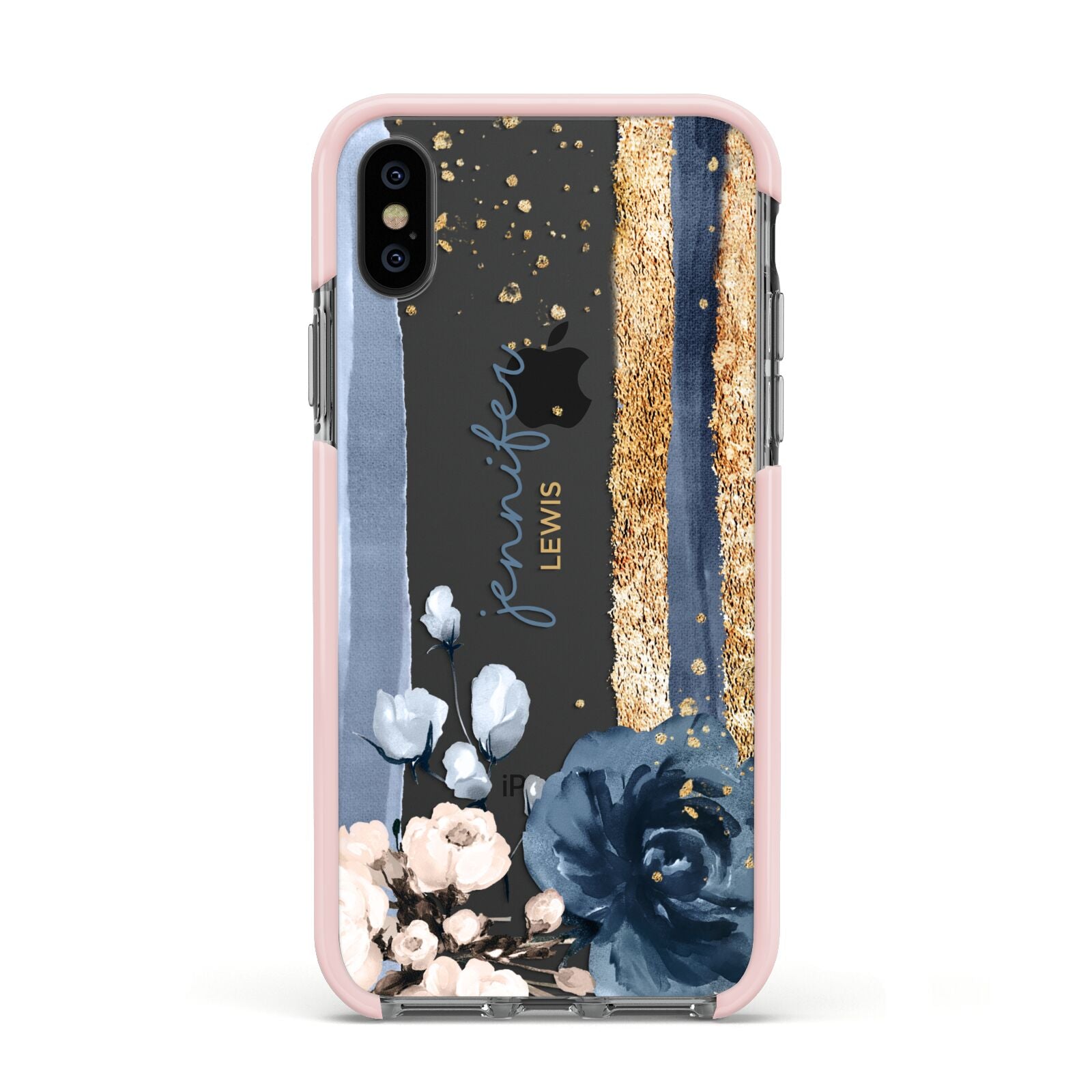 Personalised Blue Gold Name Apple iPhone Xs Impact Case Pink Edge on Black Phone