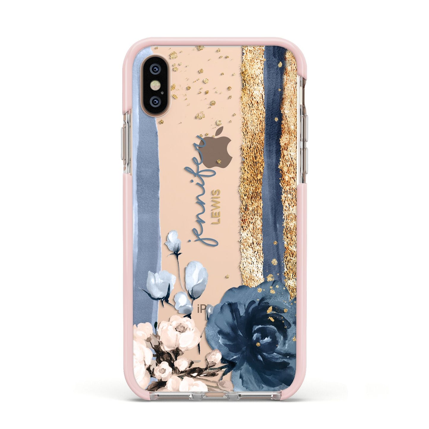 Personalised Blue Gold Name Apple iPhone Xs Impact Case Pink Edge on Gold Phone