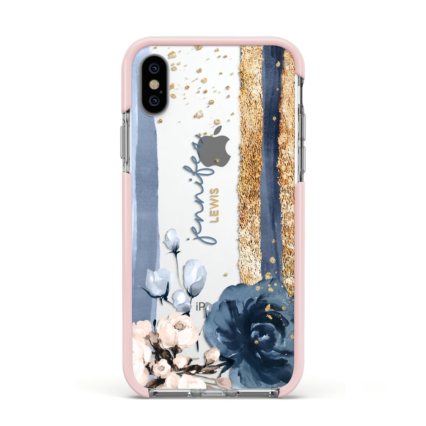 Personalised Blue Gold Name Apple iPhone Xs Impact Case Pink Edge on Silver Phone