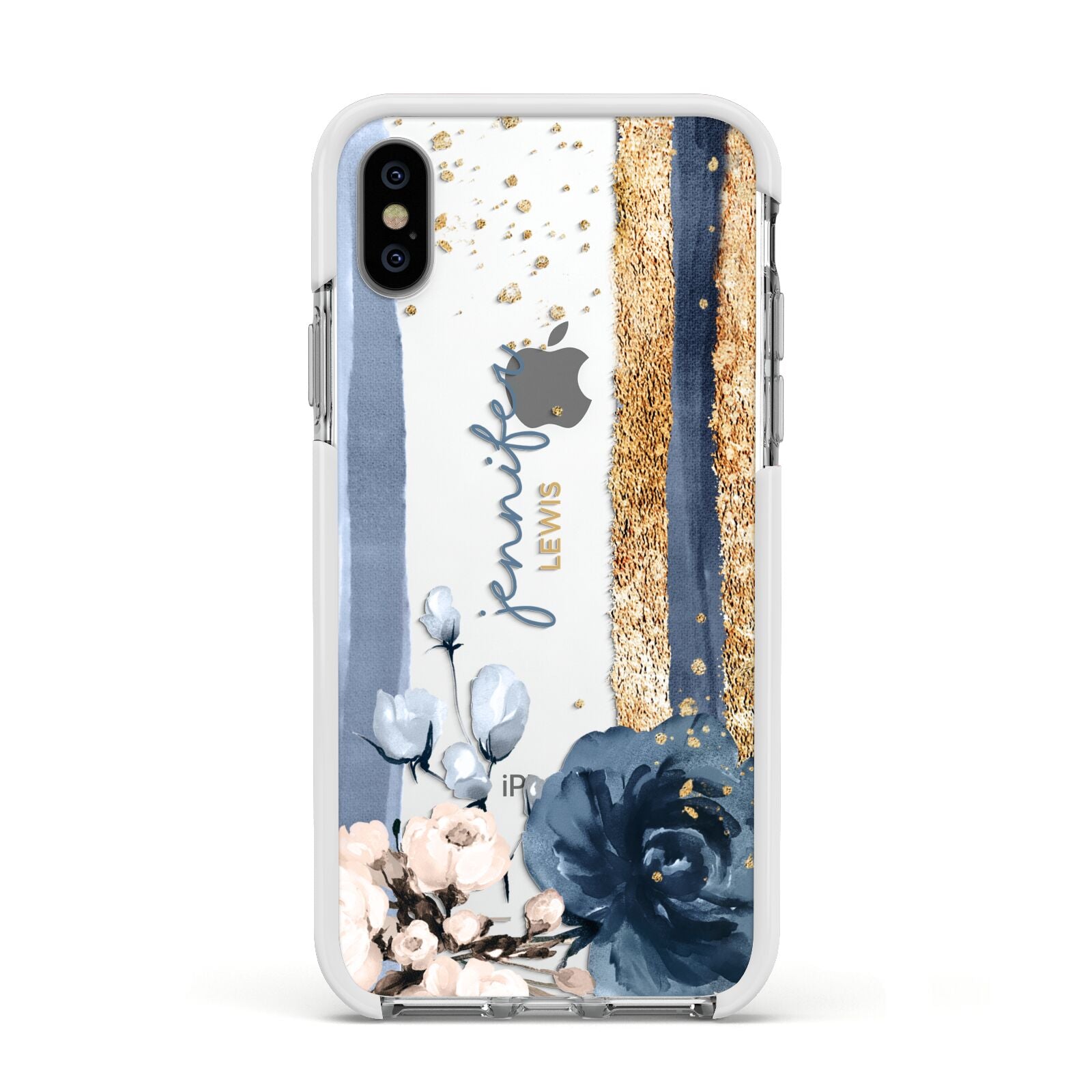 Personalised Blue Gold Name Apple iPhone Xs Impact Case White Edge on Silver Phone