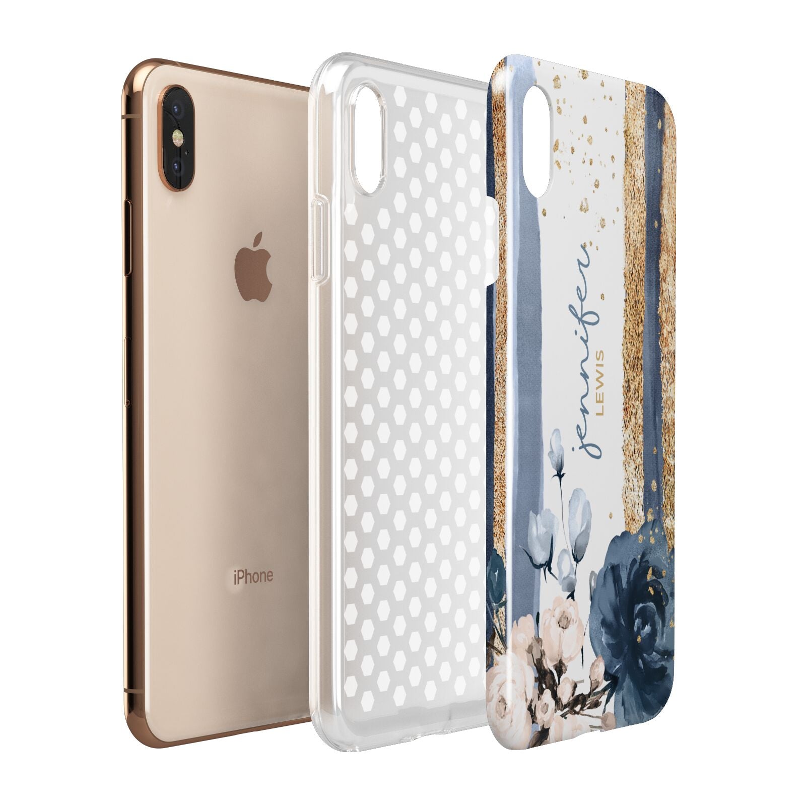 Personalised Blue Gold Name Apple iPhone Xs Max 3D Tough Case Expanded View
