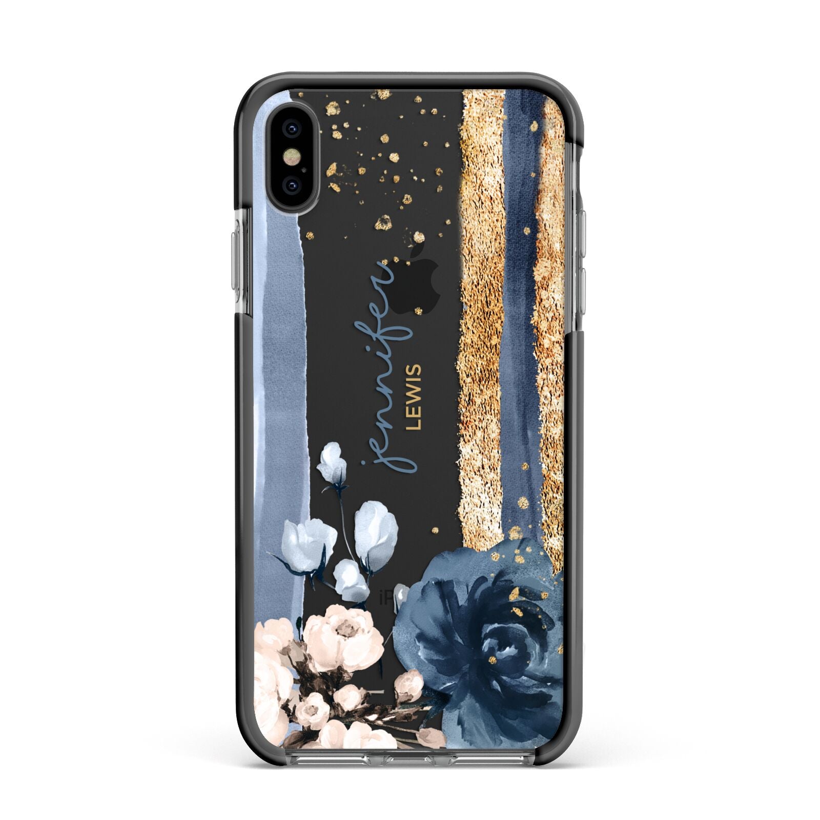 Personalised Blue Gold Name Apple iPhone Xs Max Impact Case Black Edge on Black Phone