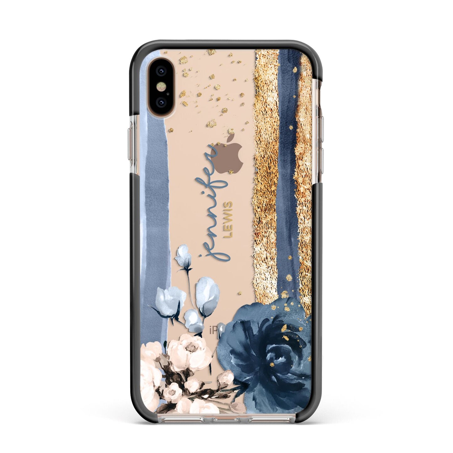Personalised Blue Gold Name Apple iPhone Xs Max Impact Case Black Edge on Gold Phone