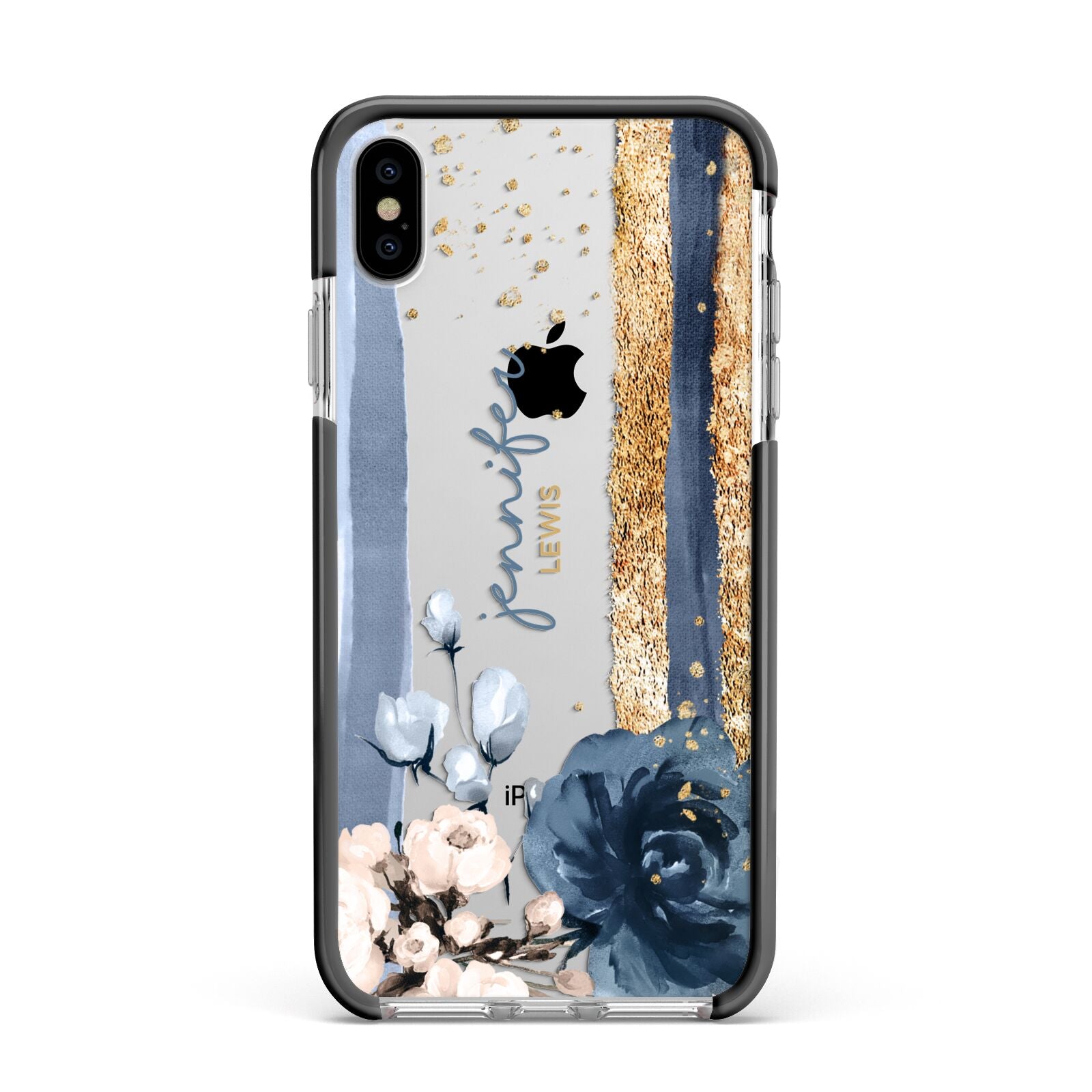 Personalised Blue Gold Name Apple iPhone Xs Max Impact Case Black Edge on Silver Phone