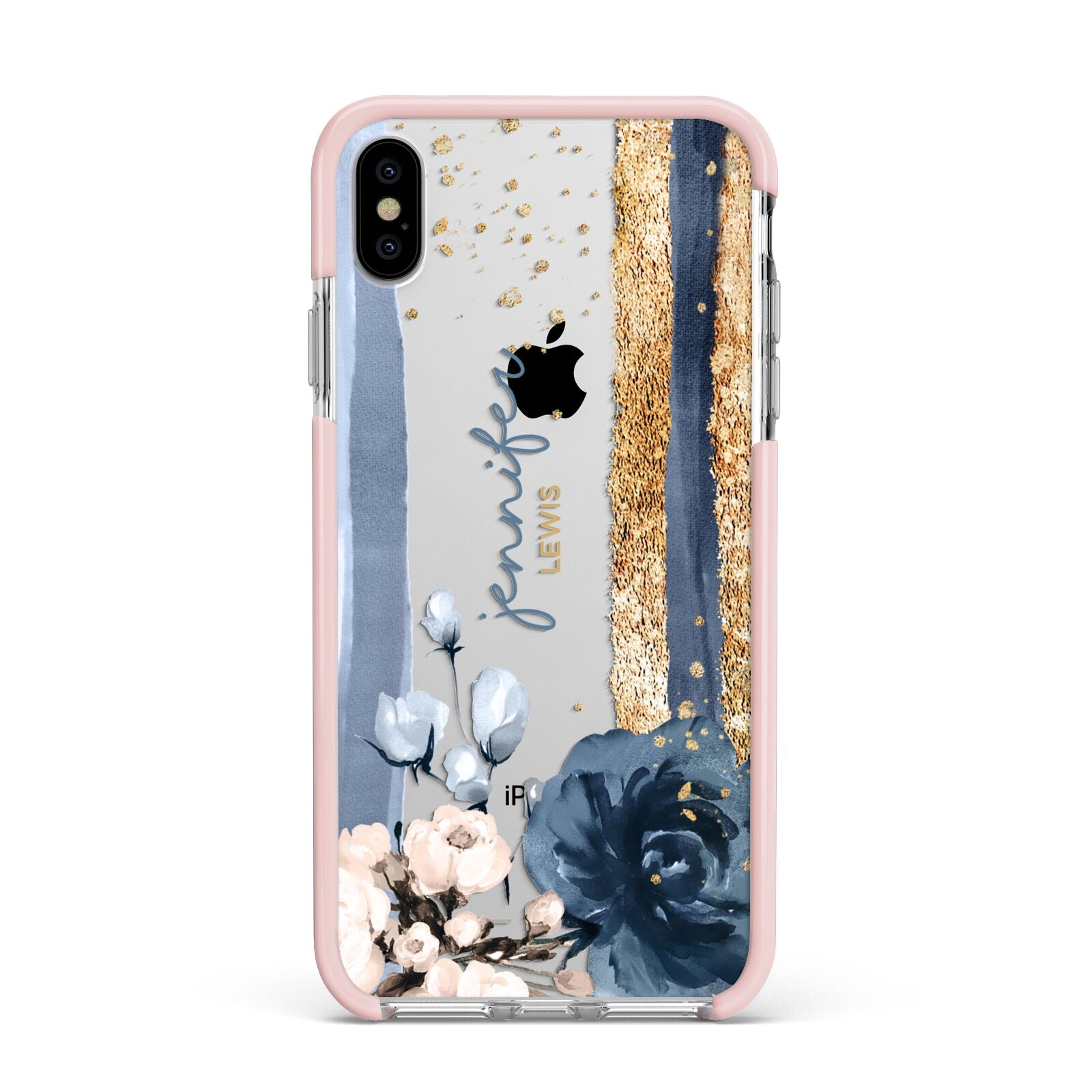 Personalised Blue Gold Name Apple iPhone Xs Max Impact Case Pink Edge on Silver Phone