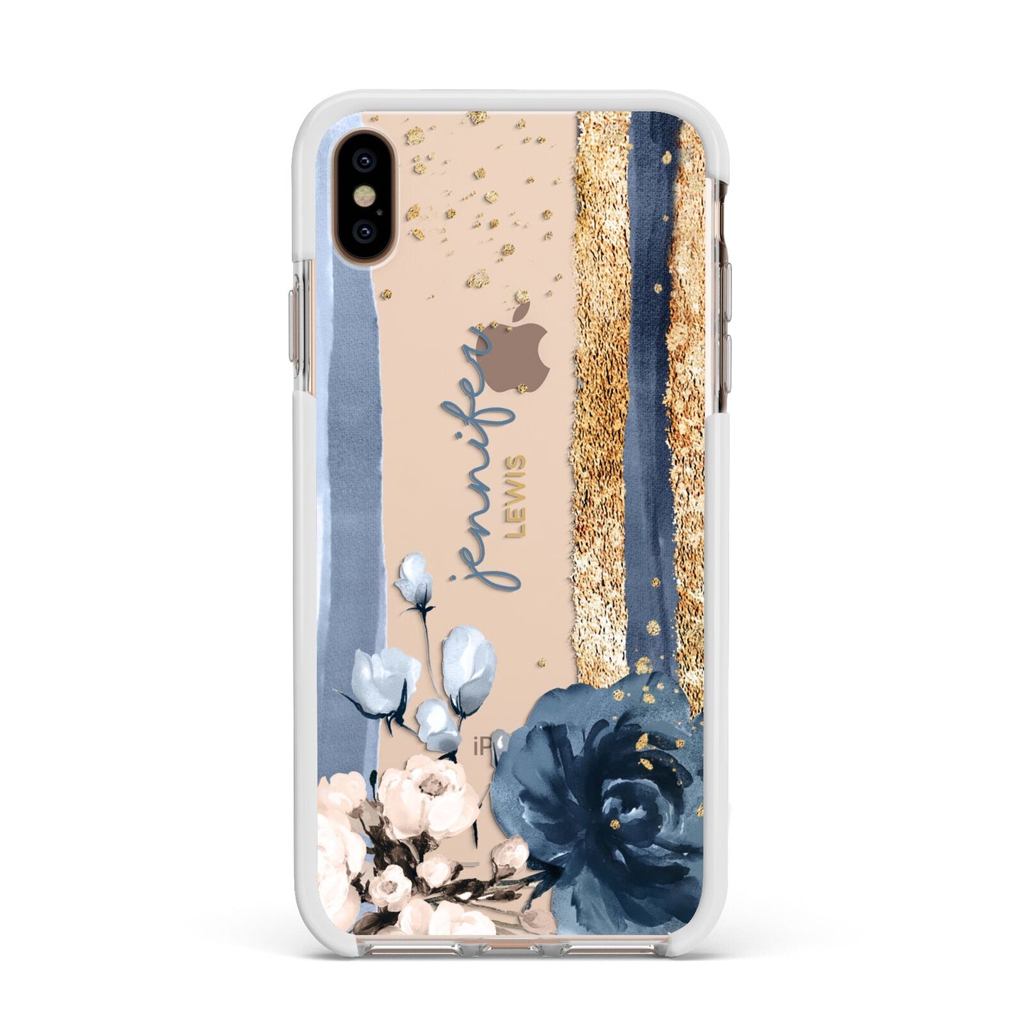 Personalised Blue Gold Name Apple iPhone Xs Max Impact Case White Edge on Gold Phone