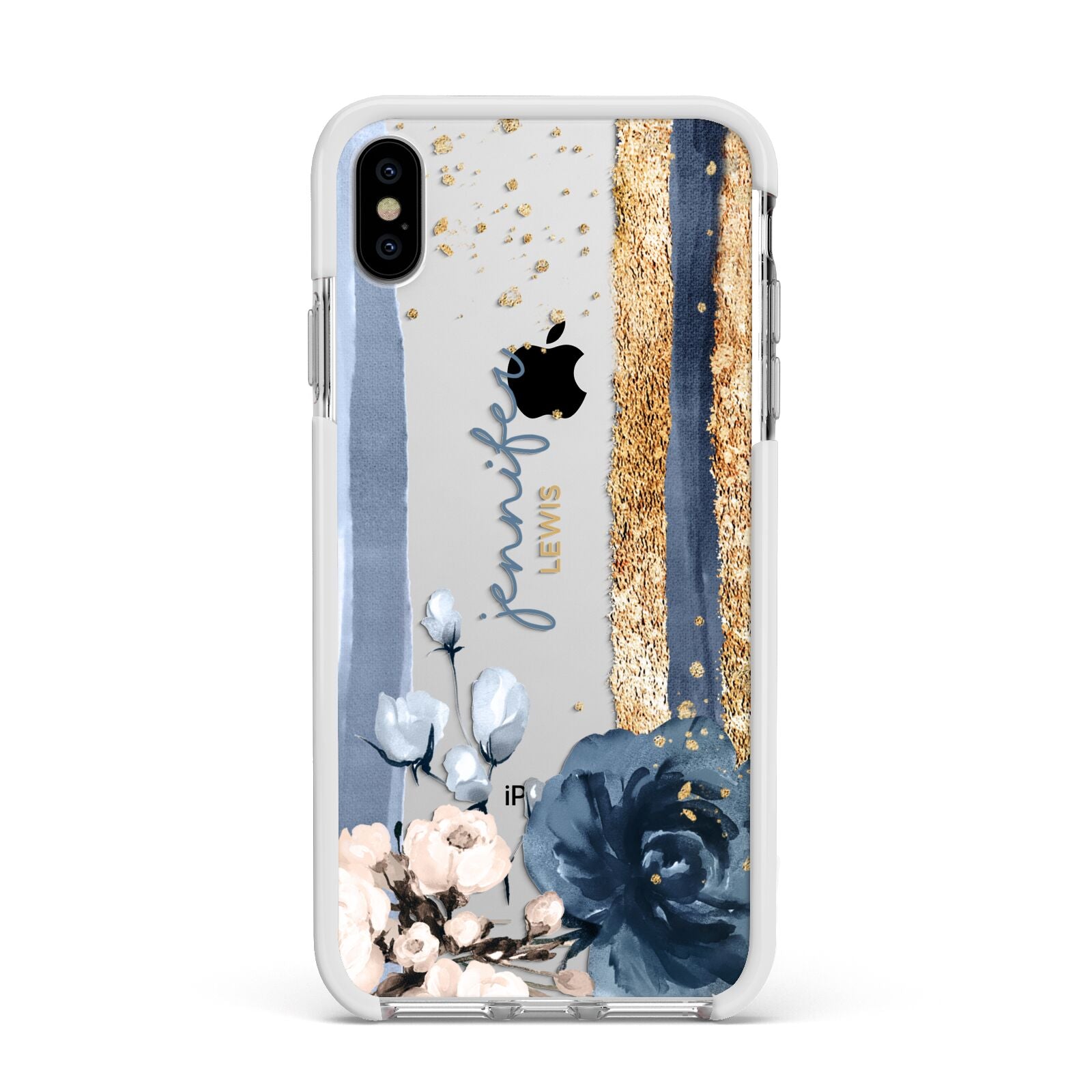 Personalised Blue Gold Name Apple iPhone Xs Max Impact Case White Edge on Silver Phone