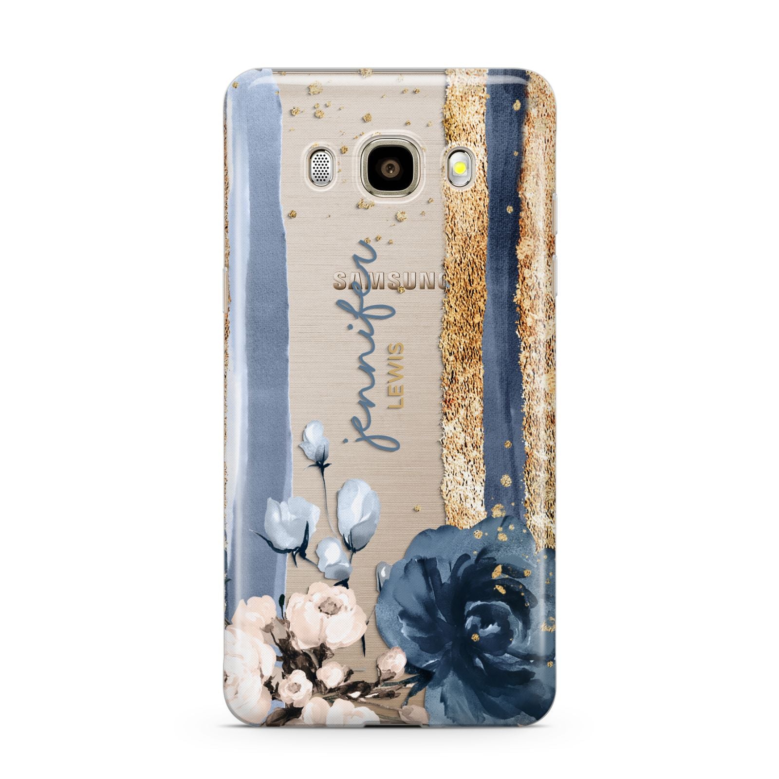 Personalised Blue Gold Name Samsung Galaxy J7 2016 Case on gold phone
