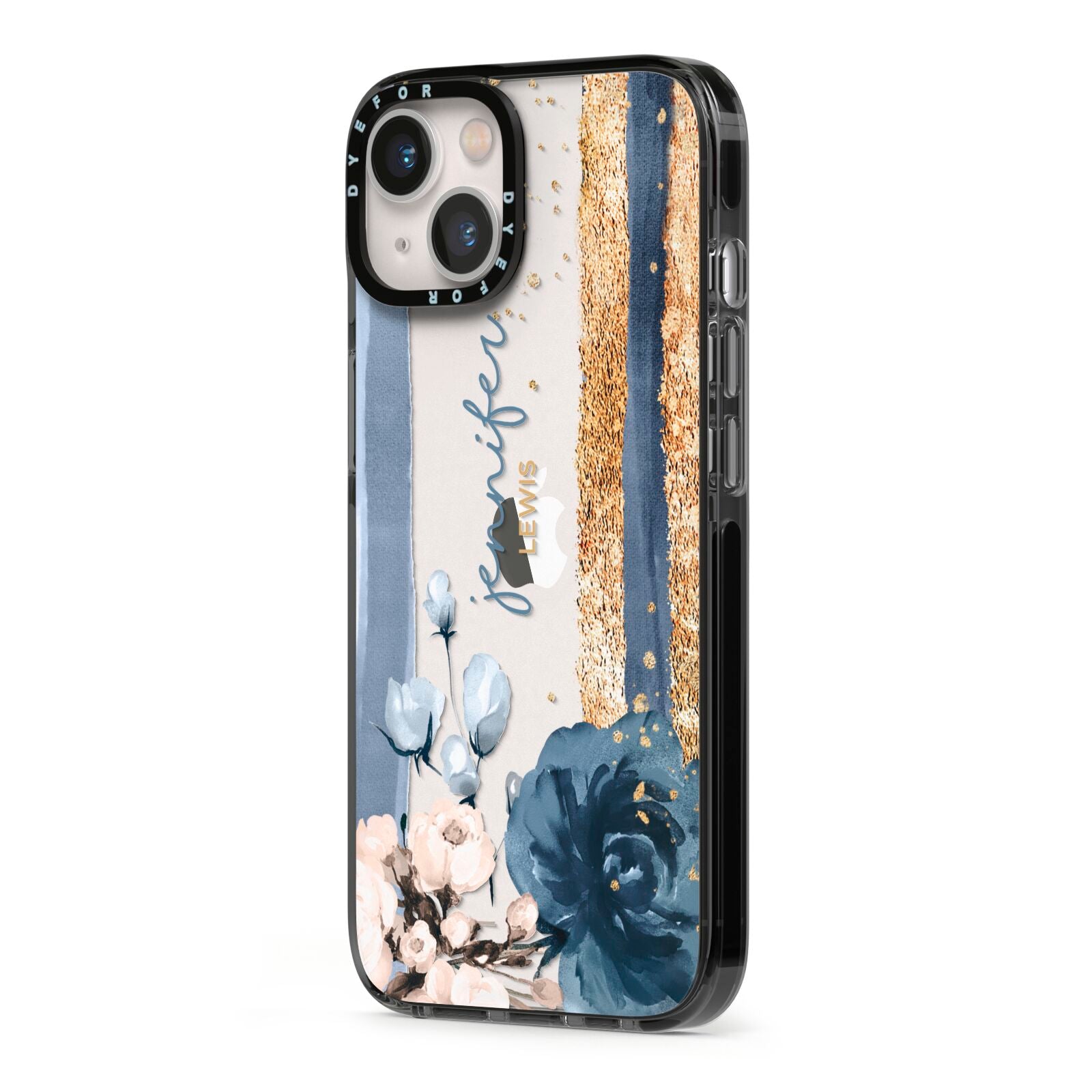 Personalised Blue Gold Name iPhone 13 Black Impact Case Side Angle on Silver phone