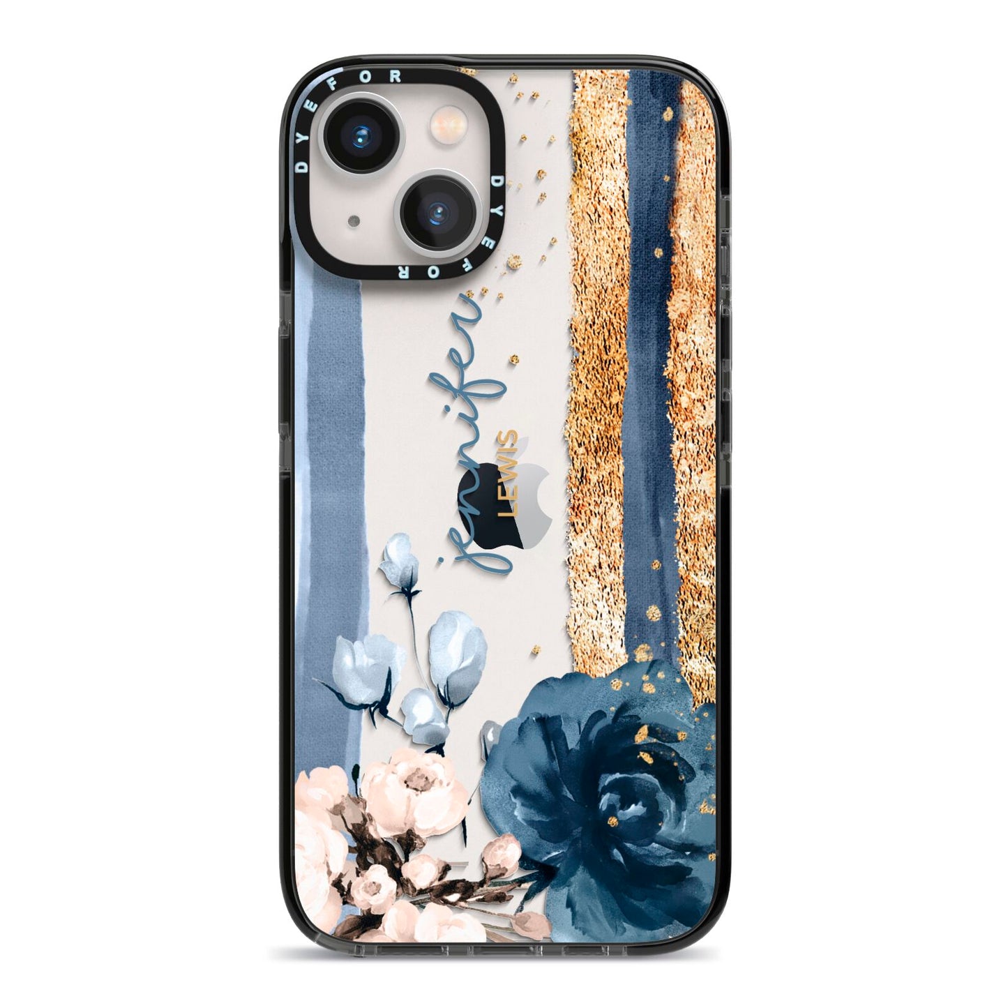Personalised Blue Gold Name iPhone 13 Black Impact Case on Silver phone