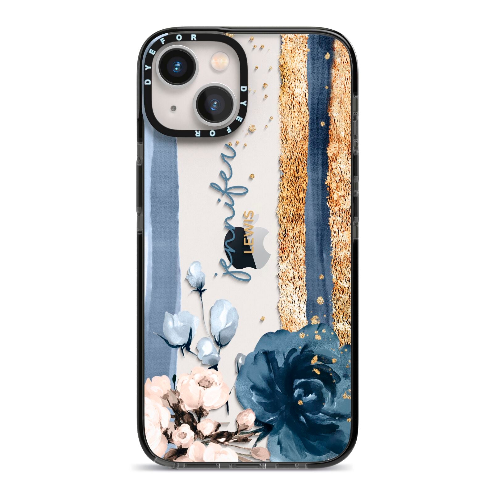 Personalised Blue Gold Name iPhone 13 Black Impact Case on Silver phone