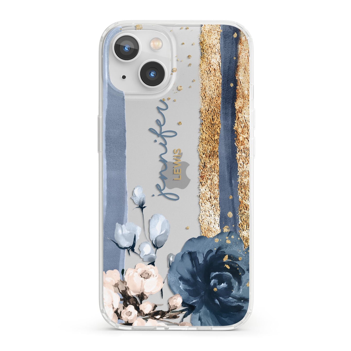 Personalised Blue Gold Name iPhone 13 Clear Bumper Case