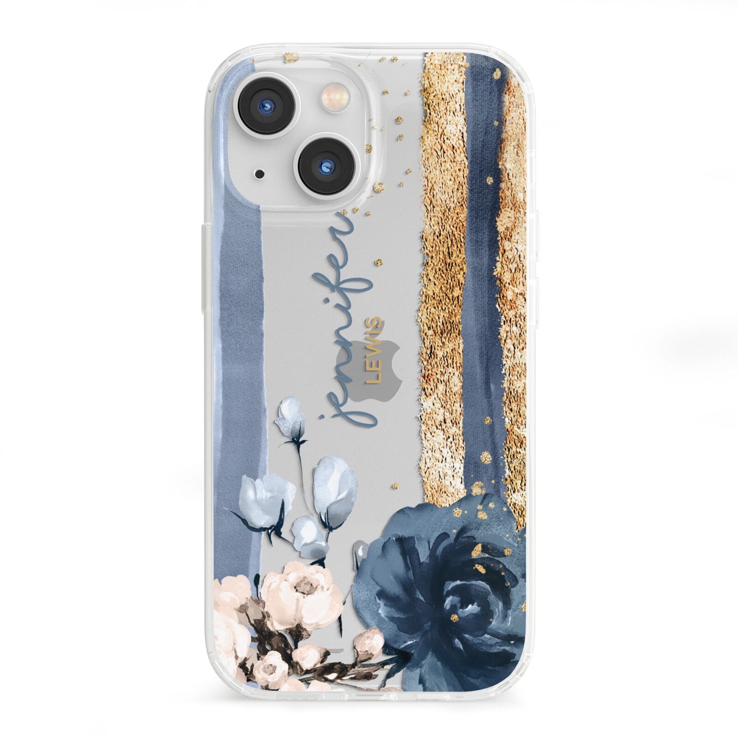 Personalised Blue Gold Name iPhone 13 Mini Clear Bumper Case