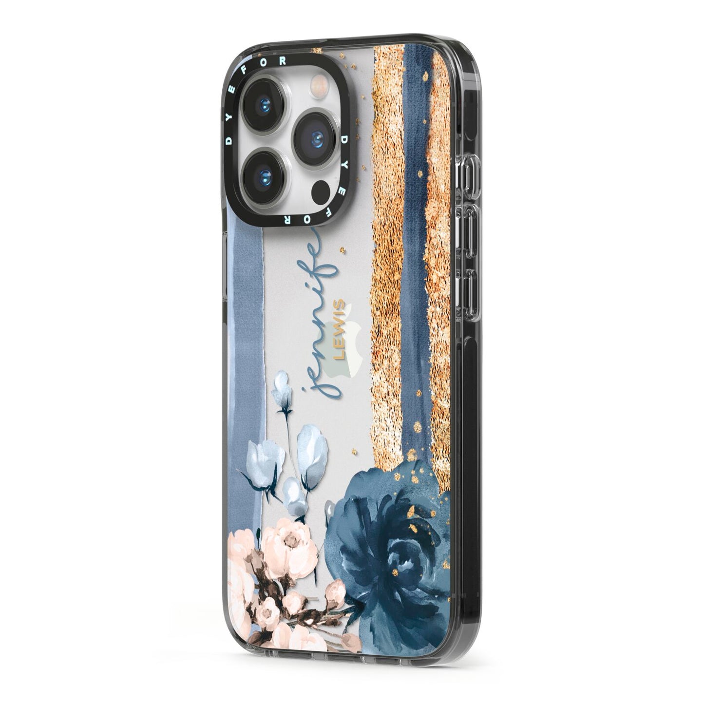 Personalised Blue Gold Name iPhone 13 Pro Black Impact Case Side Angle on Silver phone