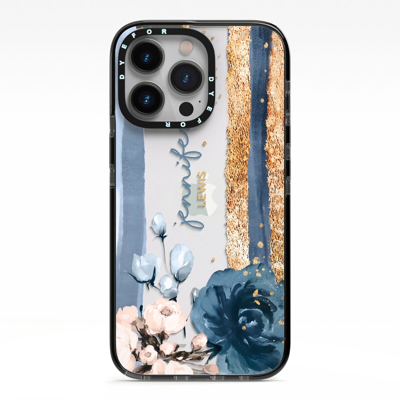 Personalised Blue Gold Name iPhone 13 Pro Black Impact Case on Silver phone