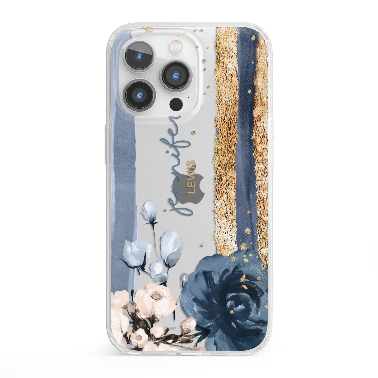 Personalised Blue Gold Name iPhone 13 Pro Clear Bumper Case