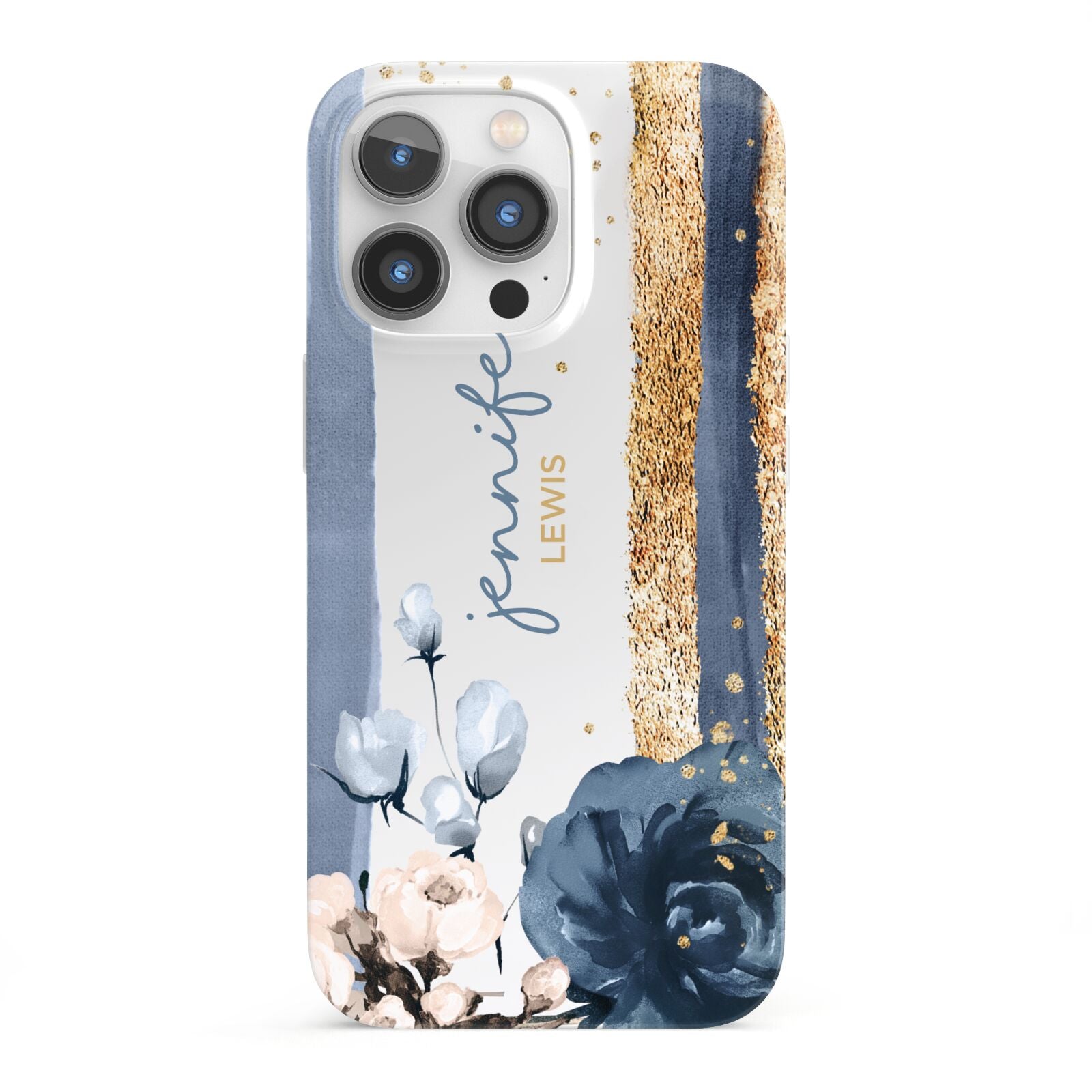 Personalised Blue Gold Name iPhone 13 Pro Full Wrap 3D Snap Case
