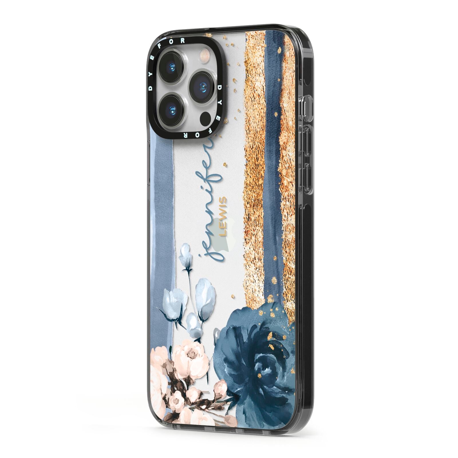 Personalised Blue Gold Name iPhone 13 Pro Max Black Impact Case Side Angle on Silver phone