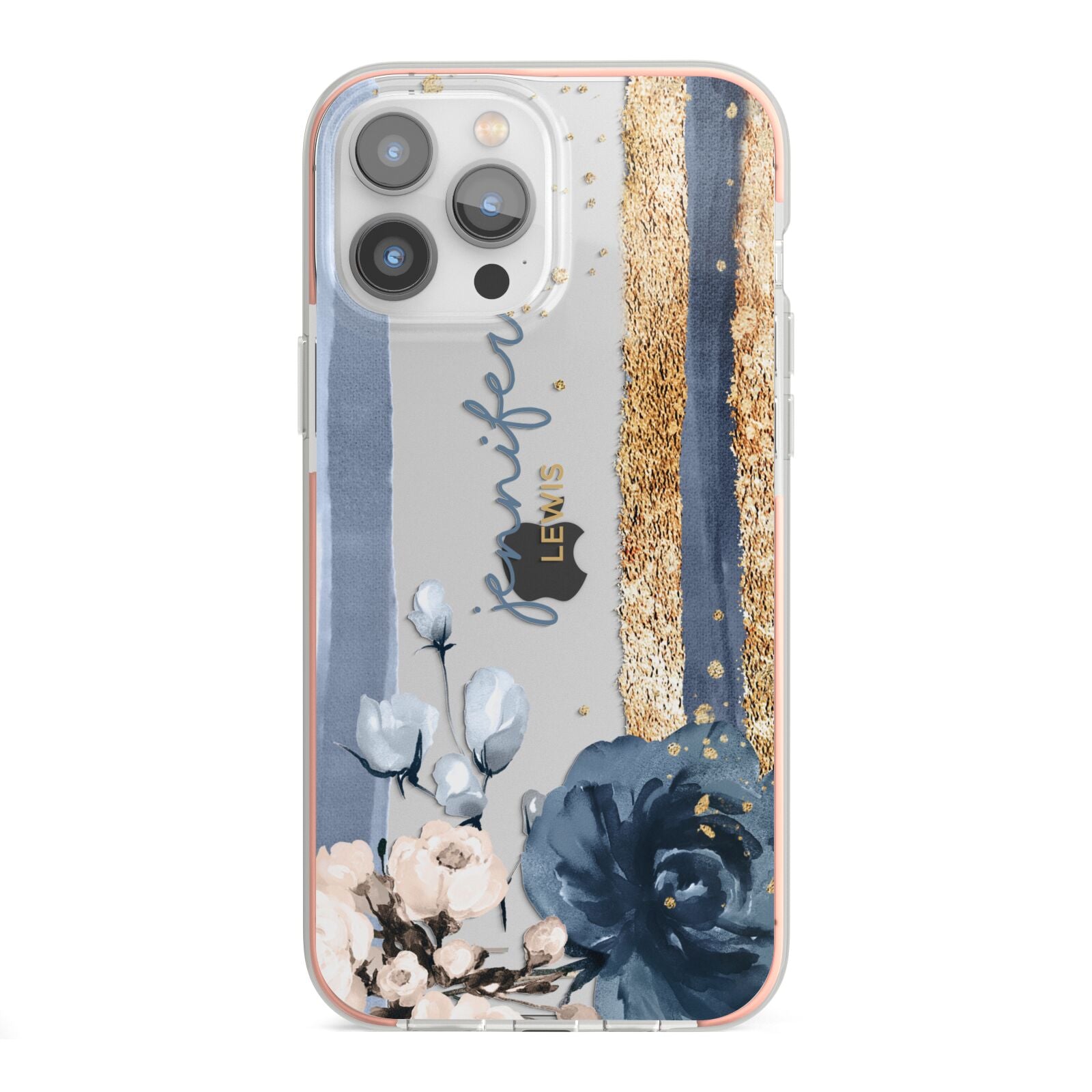 Personalised Blue Gold Name iPhone 13 Pro Max TPU Impact Case with Pink Edges