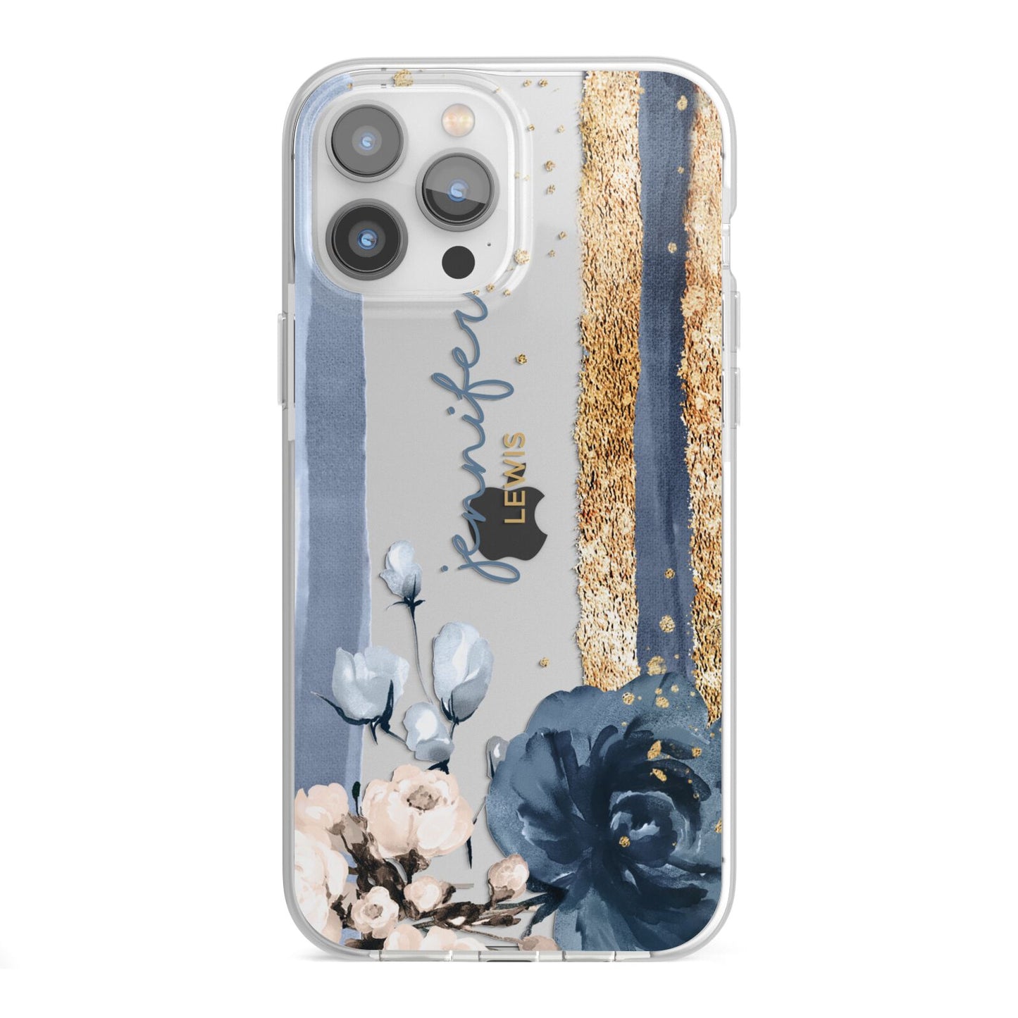 Personalised Blue Gold Name iPhone 13 Pro Max TPU Impact Case with White Edges