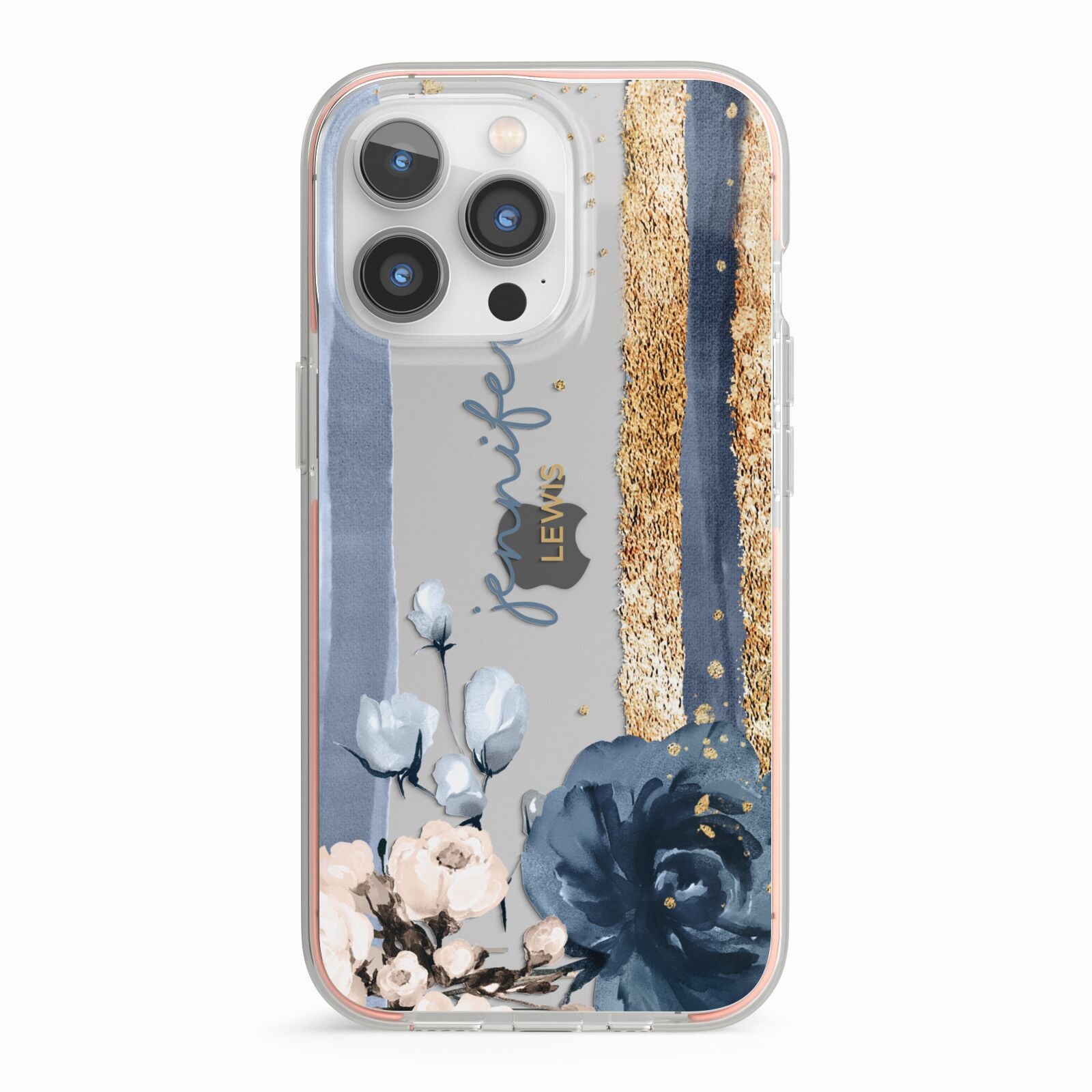 Personalised Blue Gold Name iPhone 13 Pro TPU Impact Case with Pink Edges
