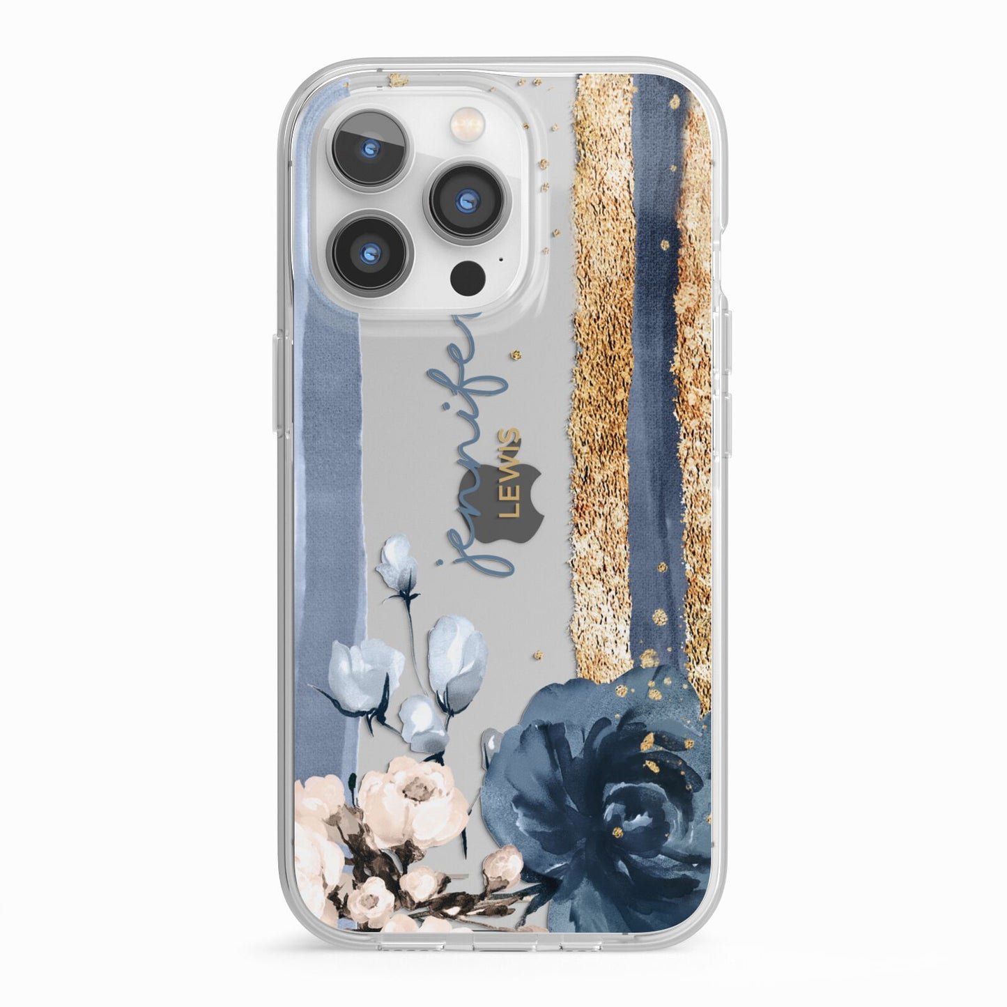Personalised Blue Gold Name iPhone 13 Pro TPU Impact Case with White Edges