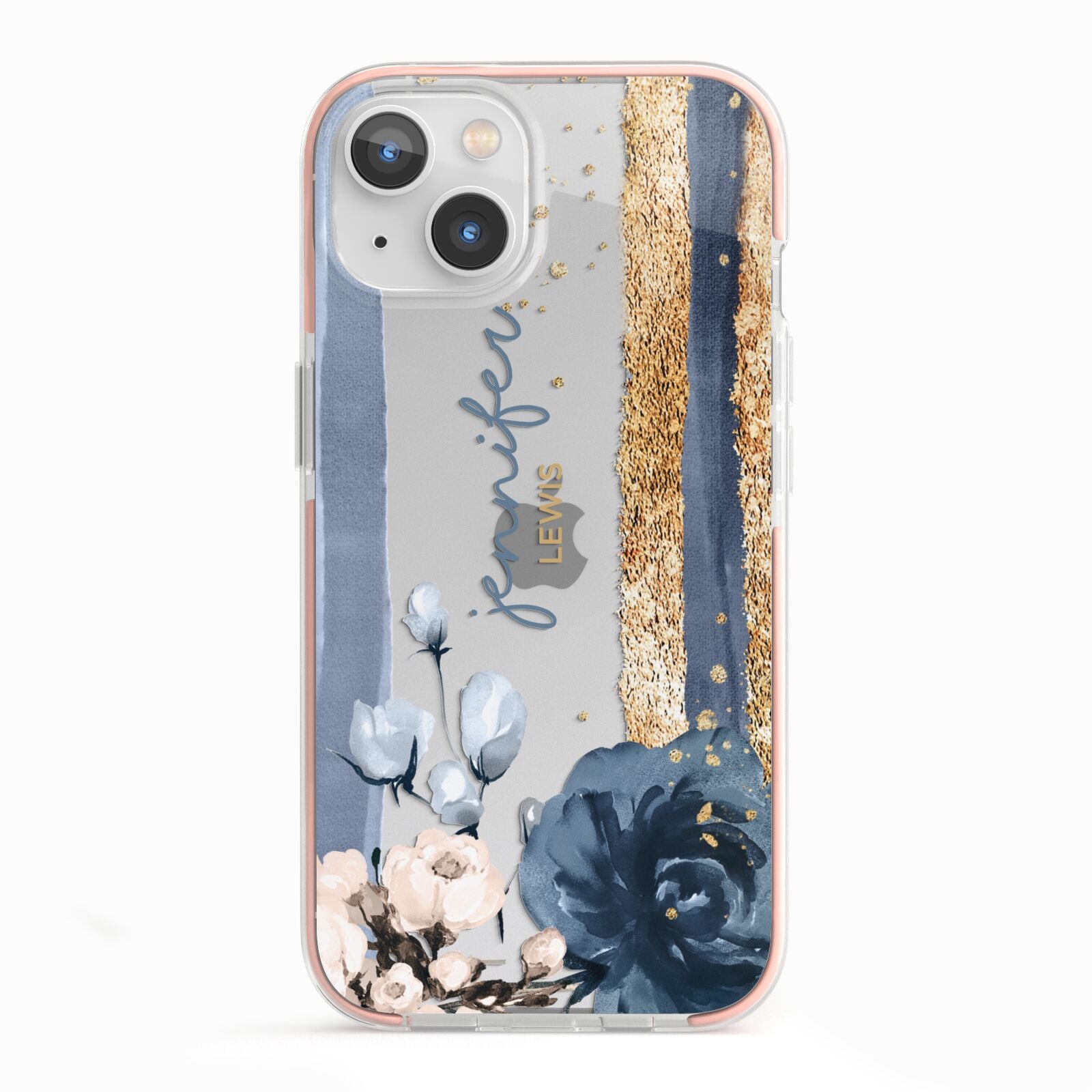 Personalised Blue Gold Name iPhone 13 TPU Impact Case with Pink Edges