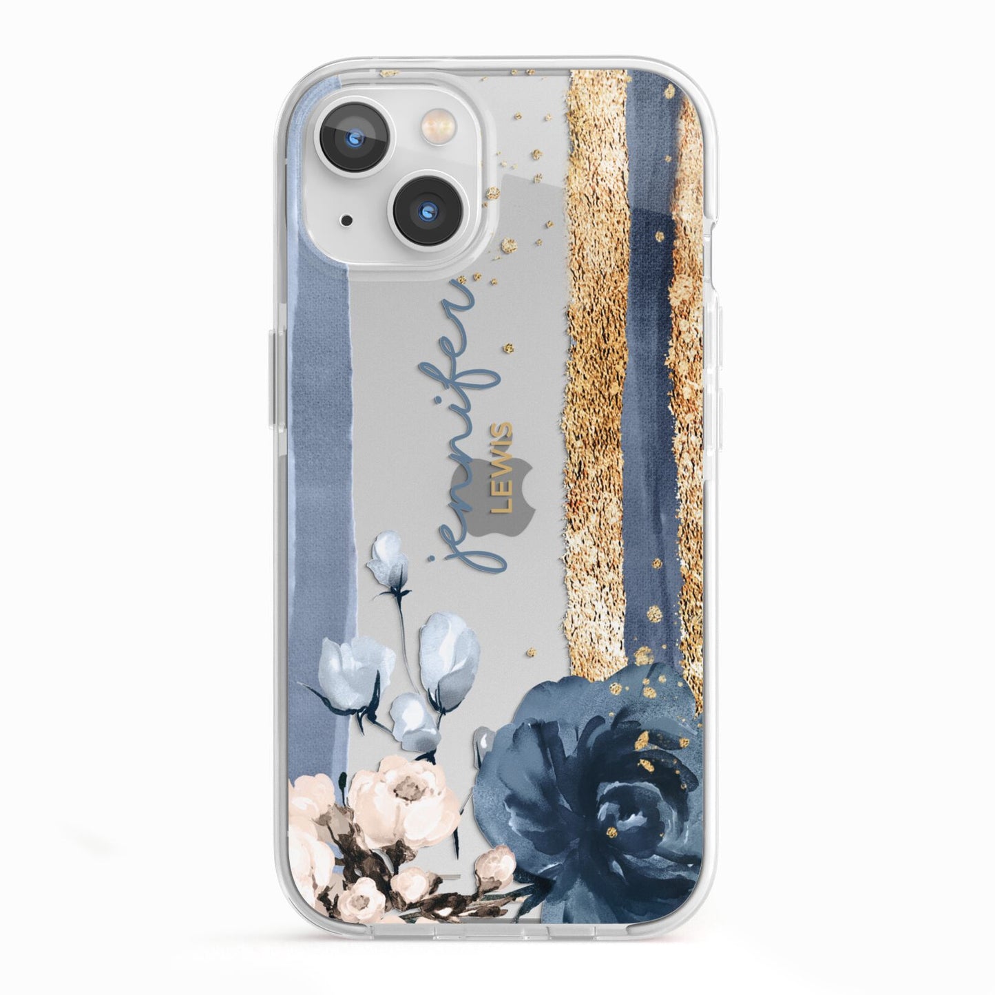 Personalised Blue Gold Name iPhone 13 TPU Impact Case with White Edges