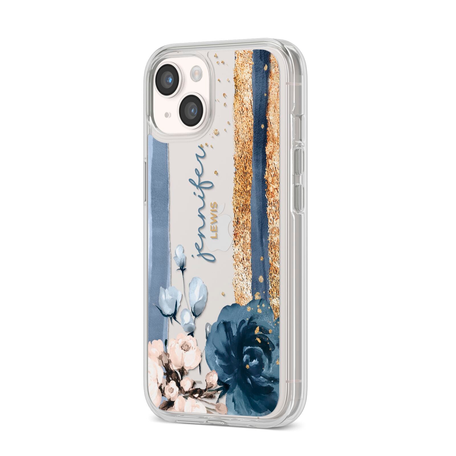 Personalised Blue Gold Name iPhone 14 Clear Tough Case Starlight Angled Image