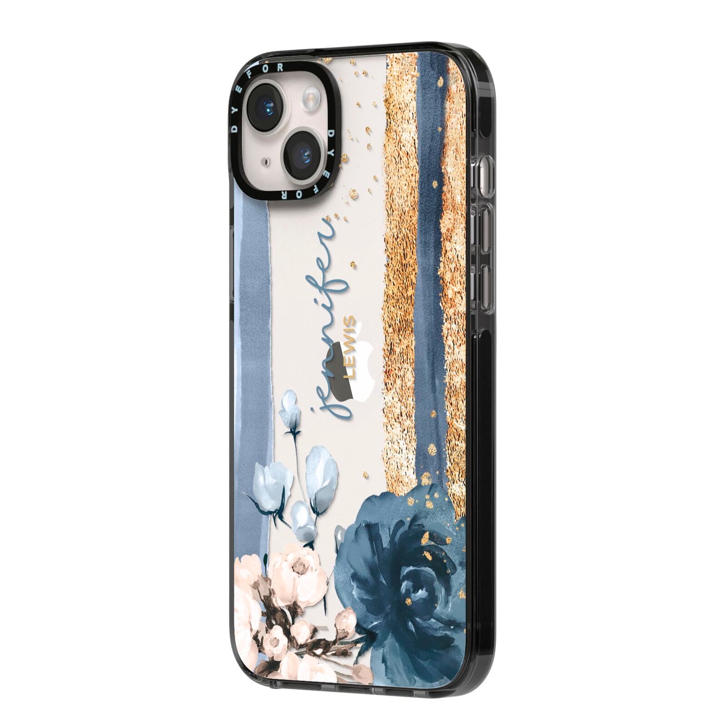 Personalised Blue Gold Name iPhone 14 Plus Black Impact Case Side Angle on Silver phone