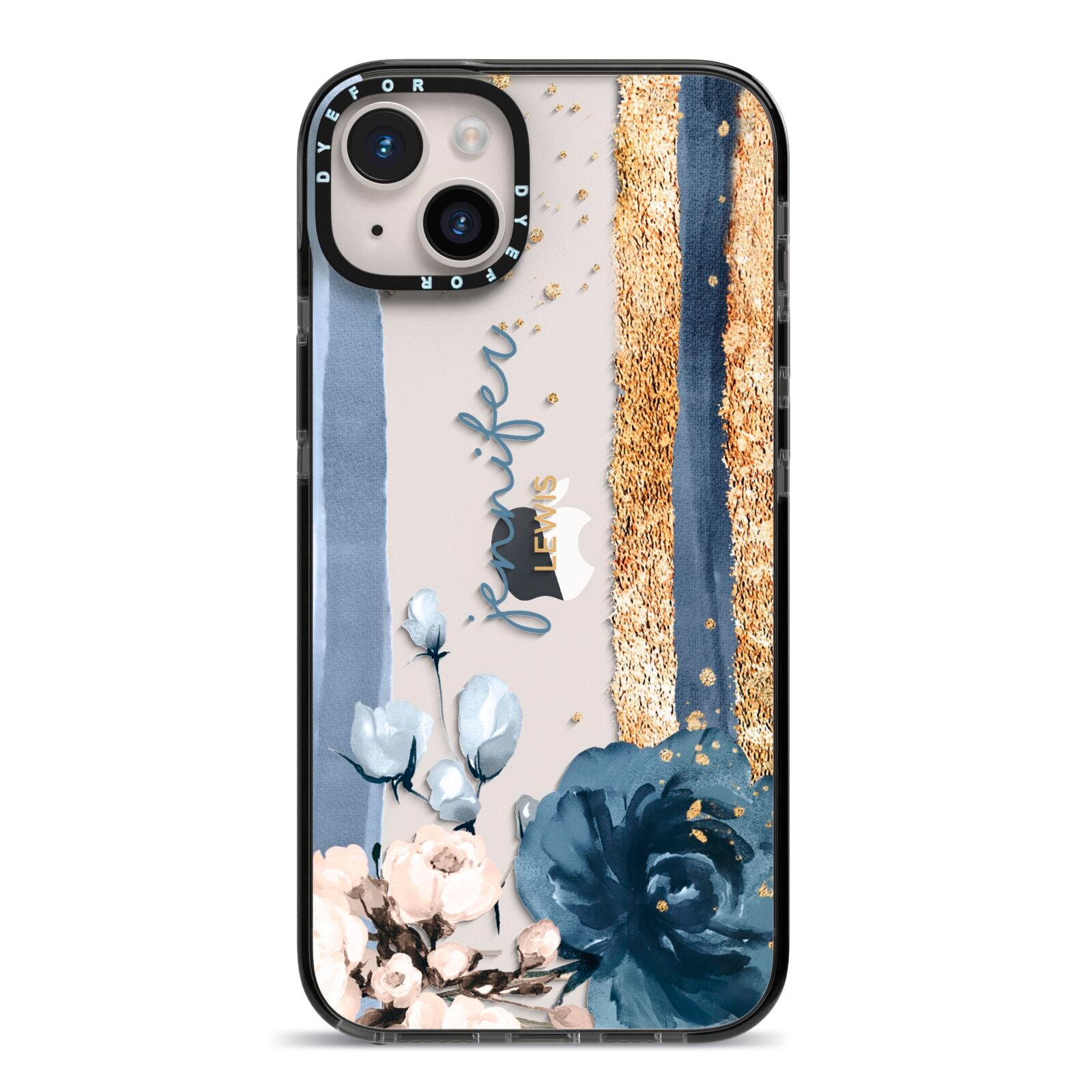 Personalised Blue Gold Name iPhone 14 Plus Black Impact Case on Silver phone