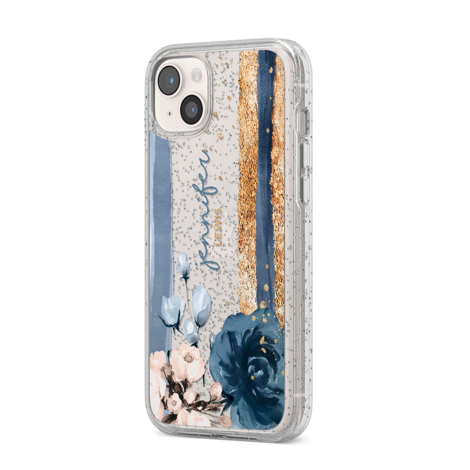 Personalised Blue Gold Name iPhone 14 Plus Glitter Tough Case Starlight Angled Image