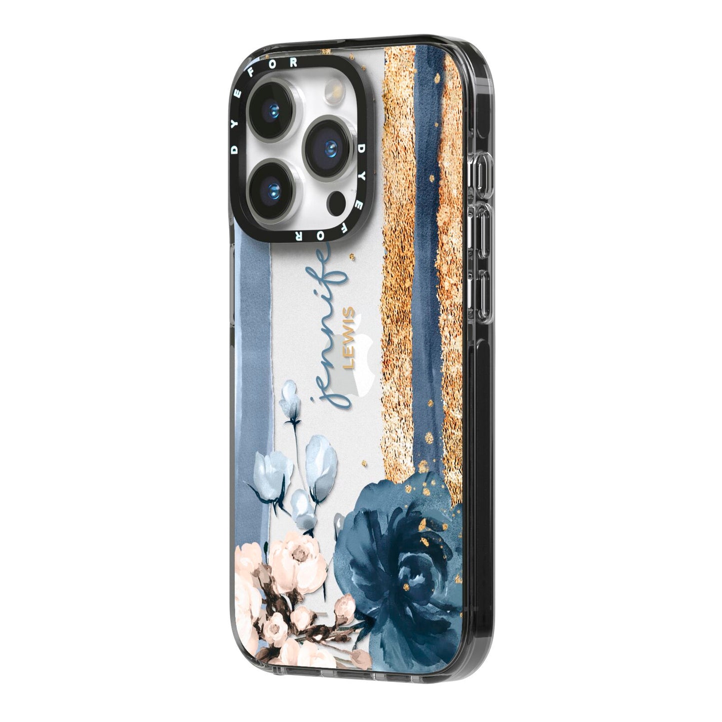 Personalised Blue Gold Name iPhone 14 Pro Black Impact Case Side Angle on Silver phone